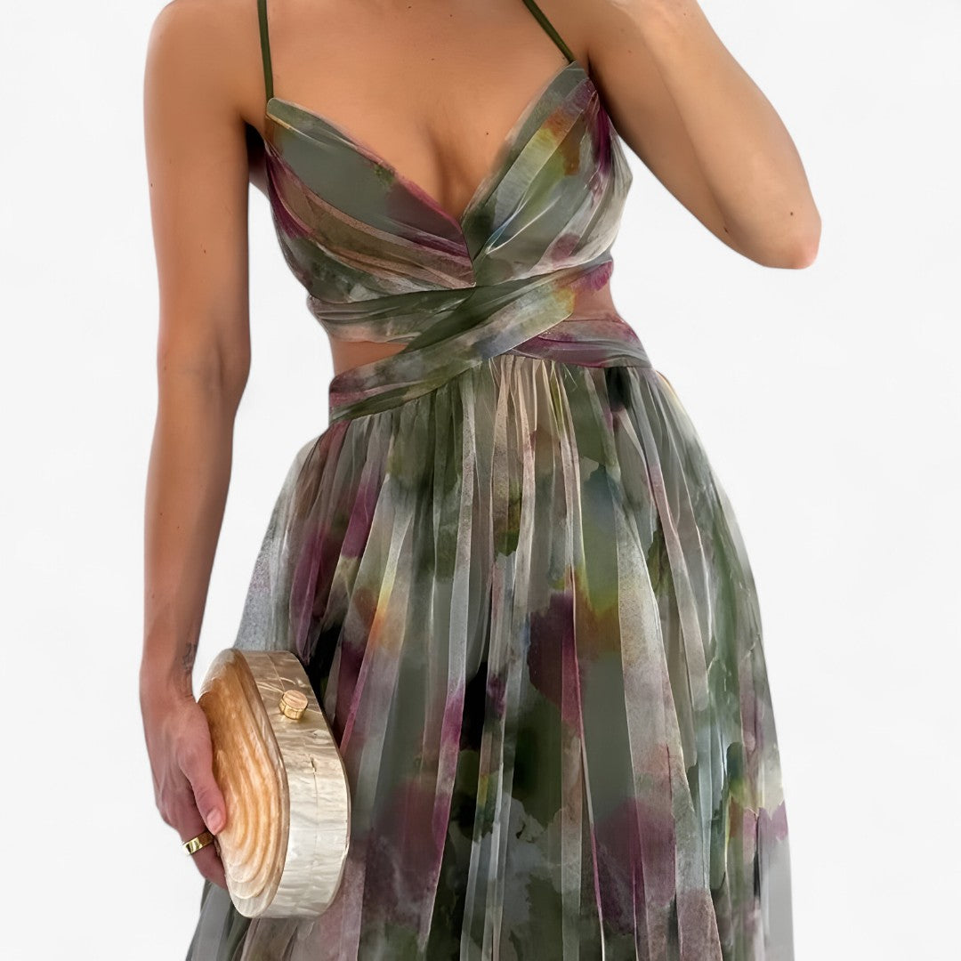 Lucia | Abito lungo fluido color pastello con effetto acquerello - Verde - - Concept Palermo
