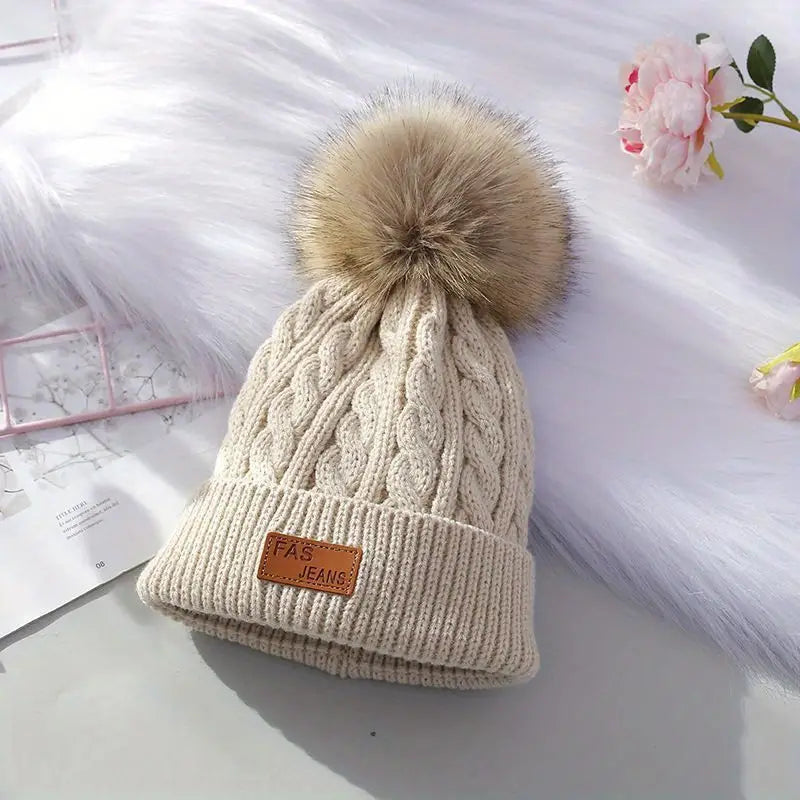 Berretto a pompon lavorato a maglia - Beige - - Concept Palermo