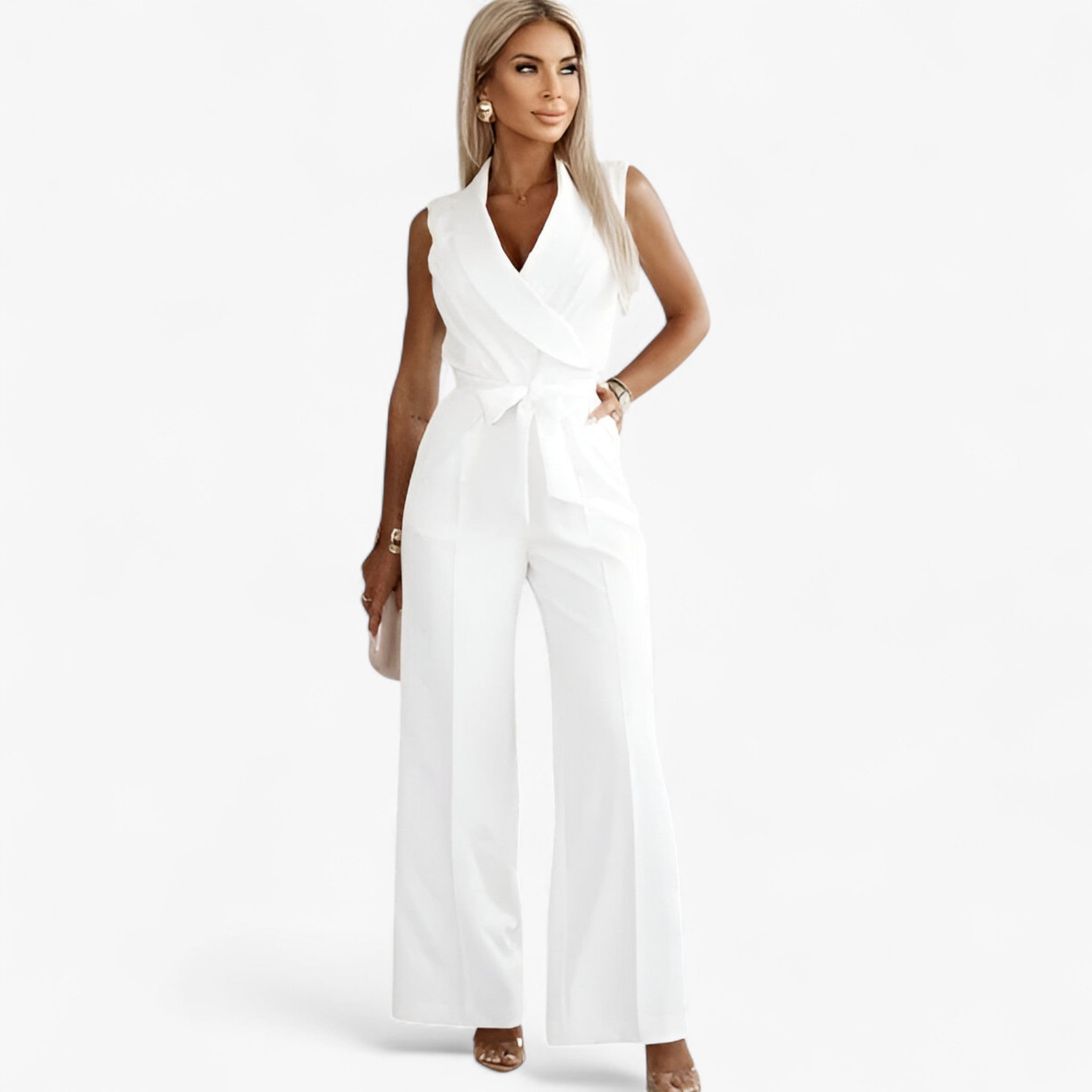 Sofia – Elegante tuta senza maniche con pantaloni larghi e cintura - Bianco - robes women clothes women set clothes - Concept Palermo