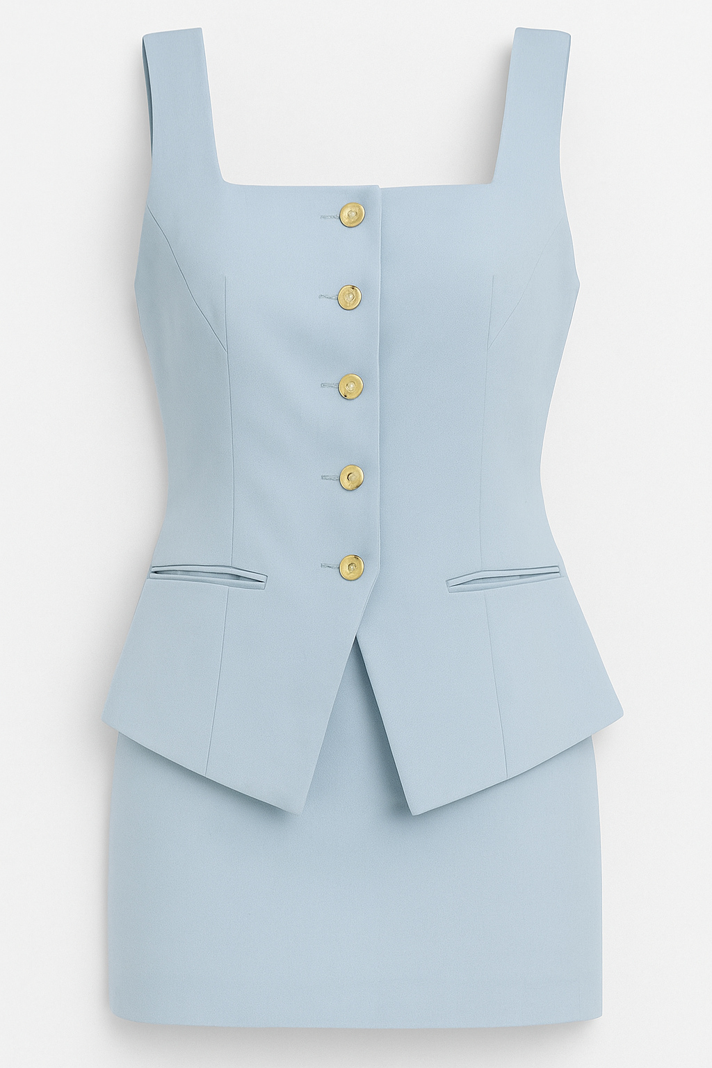 Clara | Tailleur Abito Corto con Bottoni Dorati – Eleganza Squadrata senza Maniche - Azzurro chiaro - Bodysuits And Skirt Size Chart Skirt - Concept Palermo