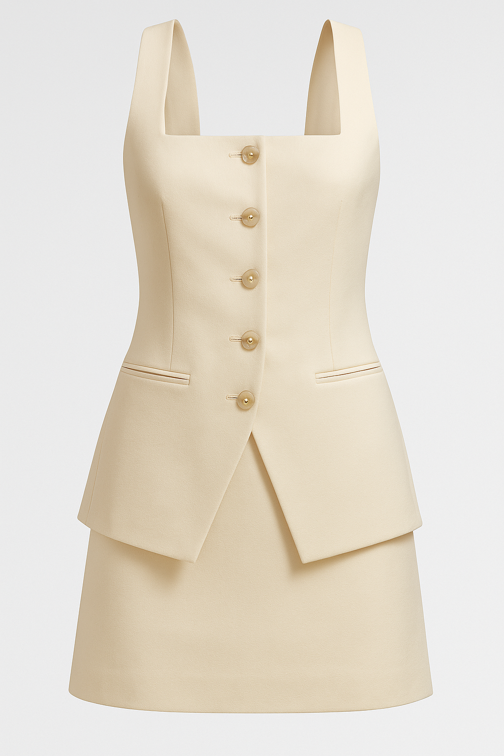 Clara | Tailleur Abito Corto con Bottoni Dorati – Eleganza Squadrata senza Maniche - Albicocca - Bodysuits And Skirt Size Chart Skirt - Concept Palermo