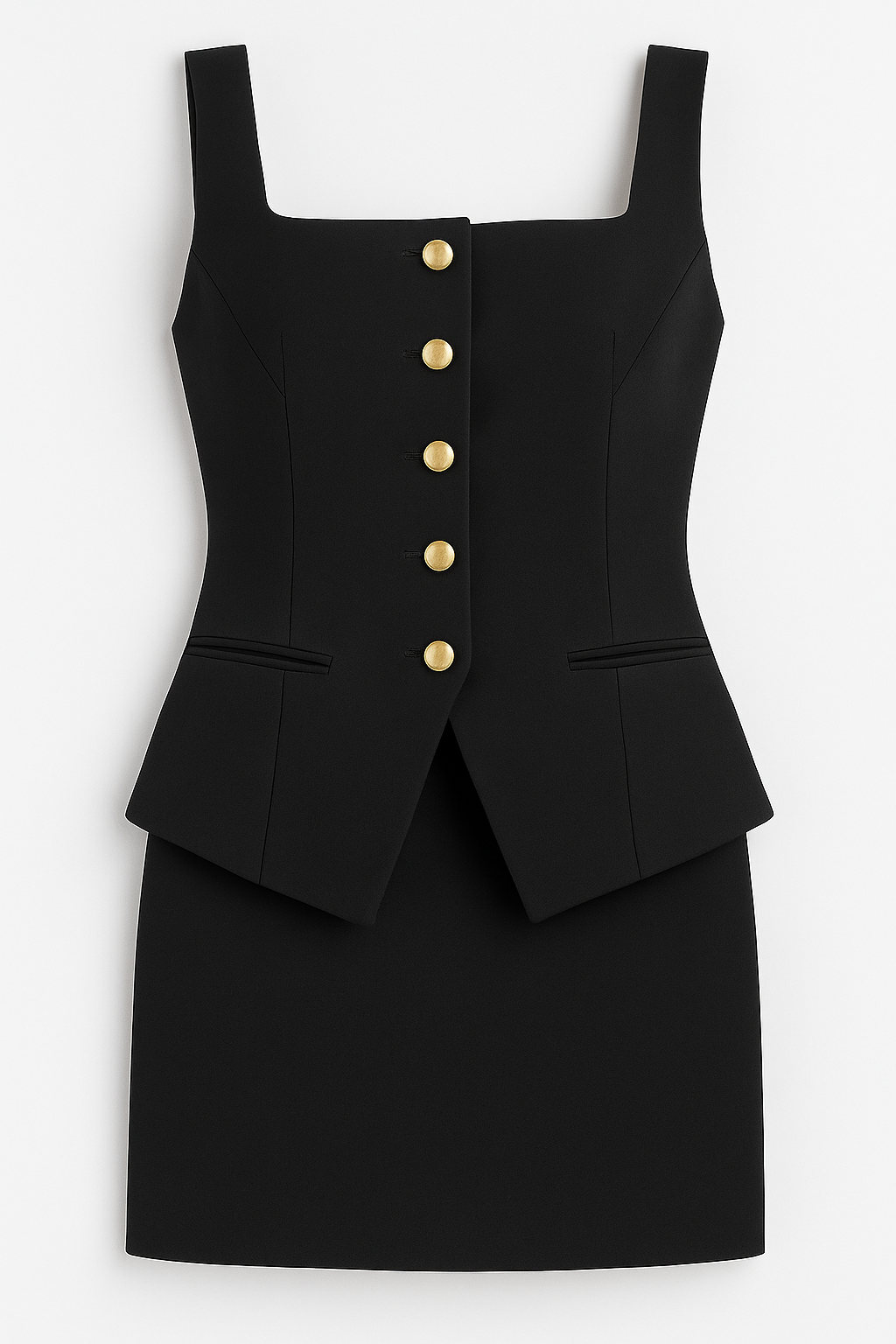 Clara | Tailleur Abito Corto con Bottoni Dorati – Eleganza Squadrata senza Maniche - Nera - Bodysuits And Skirt Size Chart Skirt - Concept Palermo