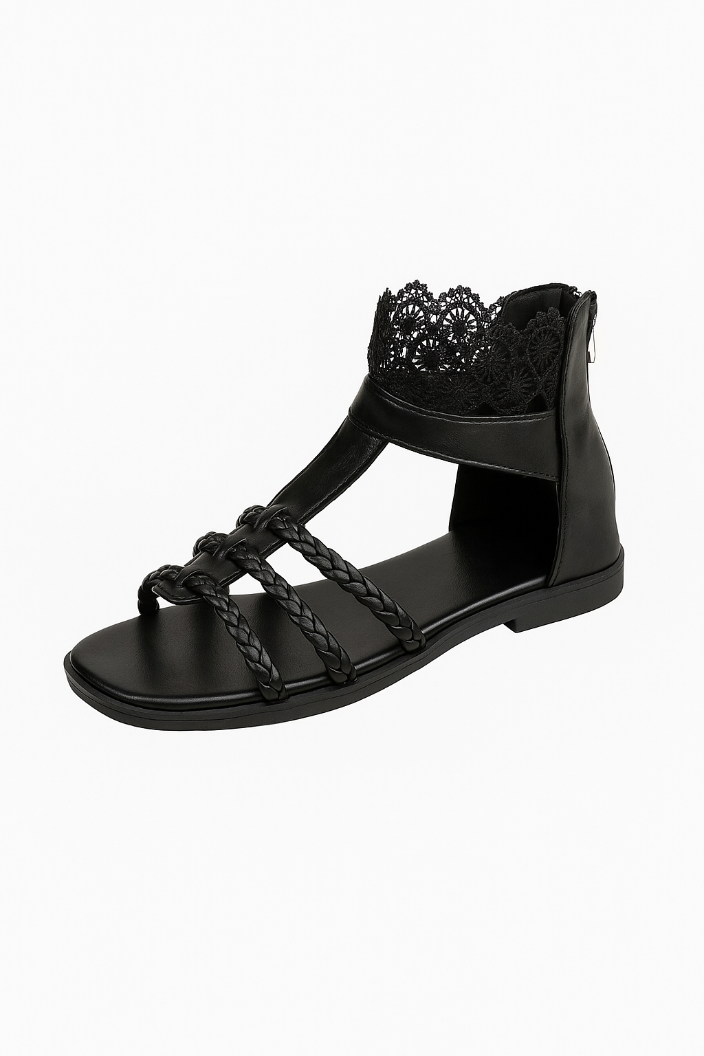 Emma | Sandali Boho con Intreccio e Dettagli in Pizzo alla Caviglia - Nero - anti-slip sandals breathable sandals casual sandals comfy sandals easy wear sandals elegant sandals fashion sandals flat sandals - Concept Palermo