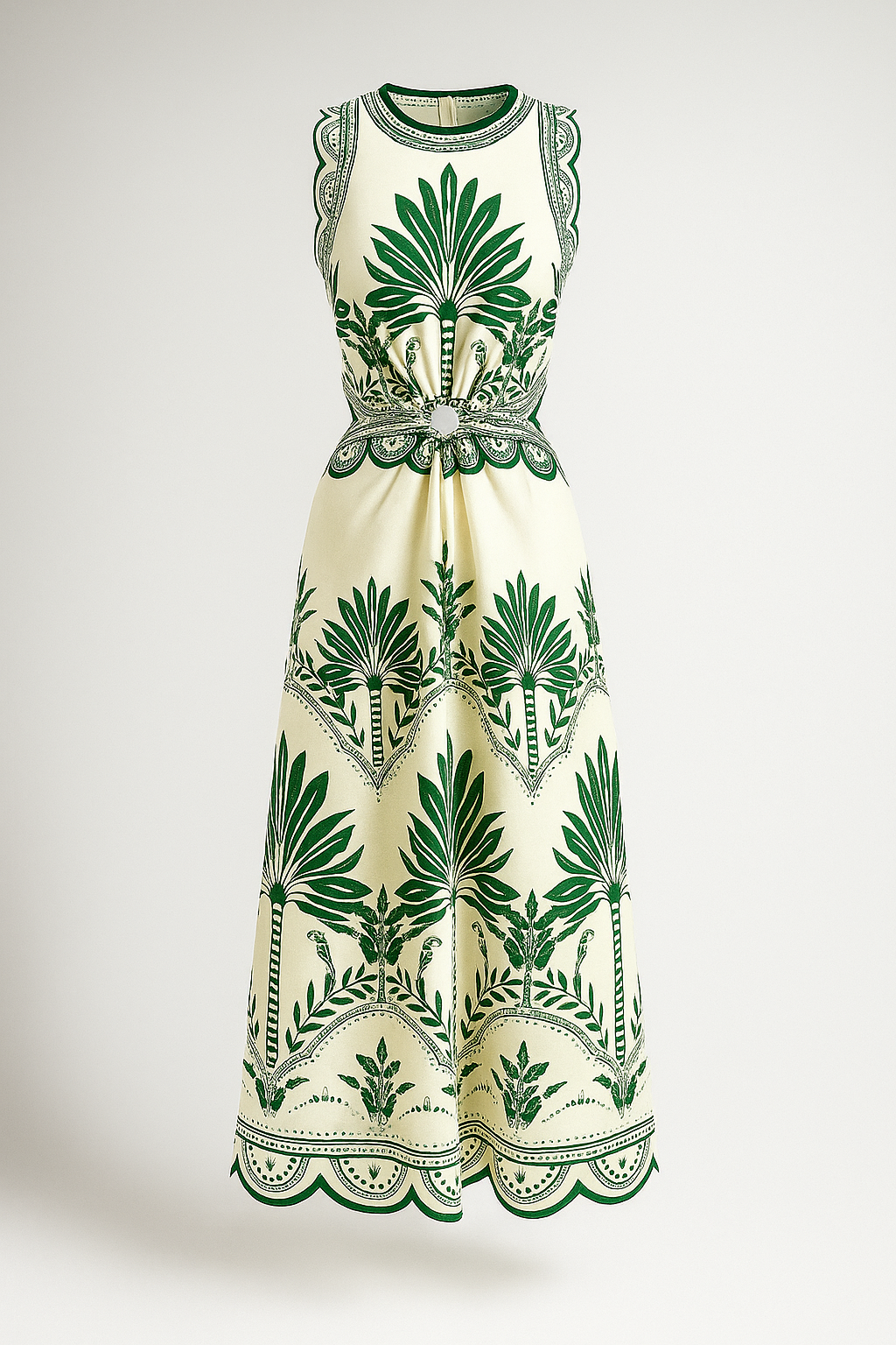 Abito Midi con Intaglio Palma – Eleganza Boho Estiva con Stampa Tropicale - Verde - 25 cotton & linen beyond impact bluewhite cathryn-d cici select clothing coll:dresses coll:vacation coll:weekend_getaway crew neck cyy daily dresses elegant green hm selected in_six_month inner sample invisible zipper joey select2 leisure maxi no non-stretch not_low_sales nuboheme oa250228086 photo_model print regular regular fit resort mood sleeveless spring summer vacation white women woven fabric yellow - Concept Palermo