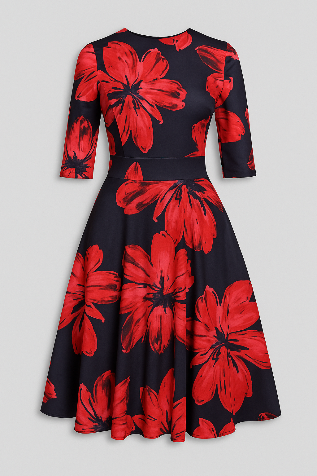 Retrozo | Elegante vestito midi con stampa floreale e maniche 3/4 - Rosso - ADULT Fashion & Casual Frauen Kleider - Concept Palermo