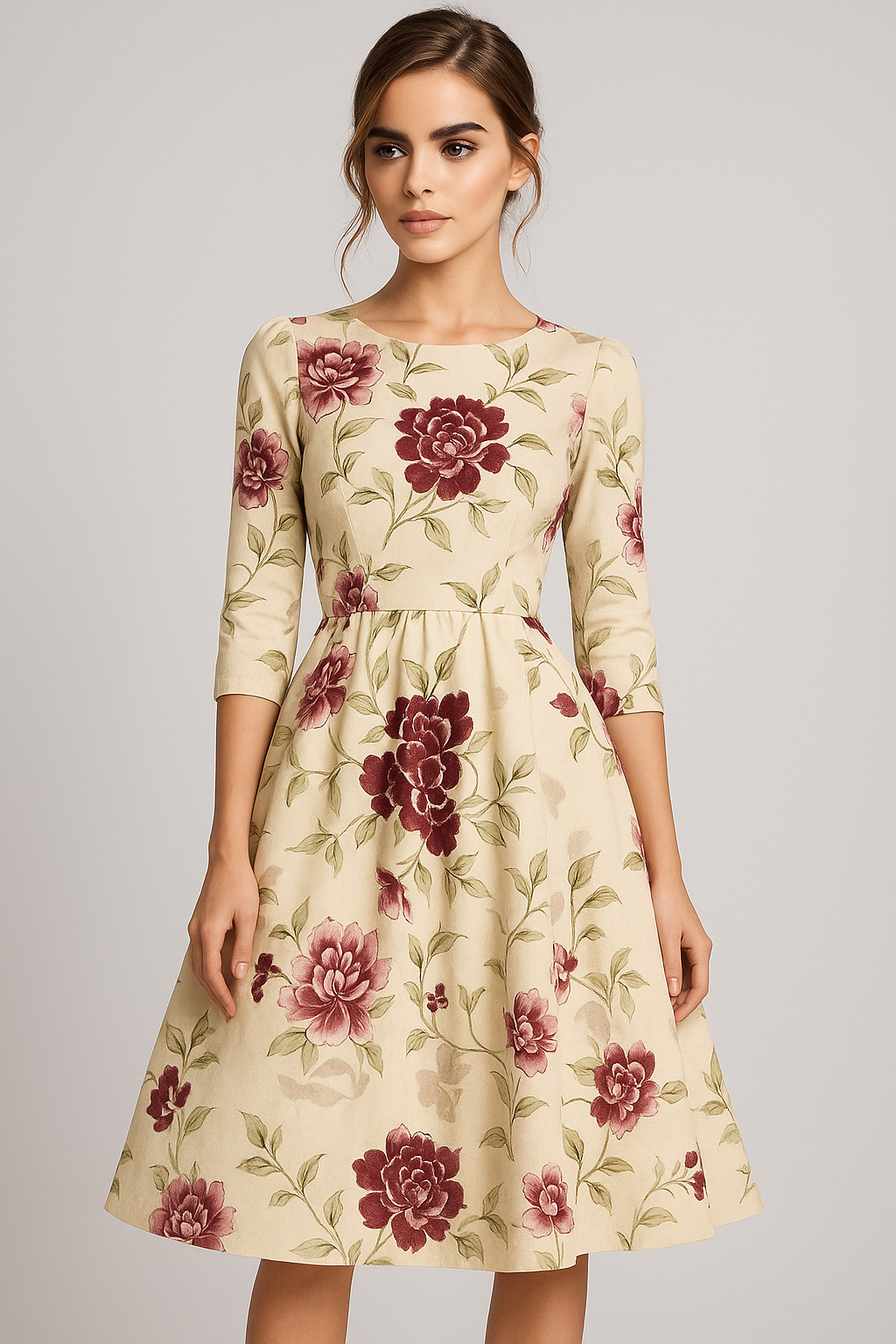 Retrozo | Elegante vestito midi con stampa floreale e maniche 3/4 - - ADULT Fashion & Casual Frauen Kleider - Concept Palermo