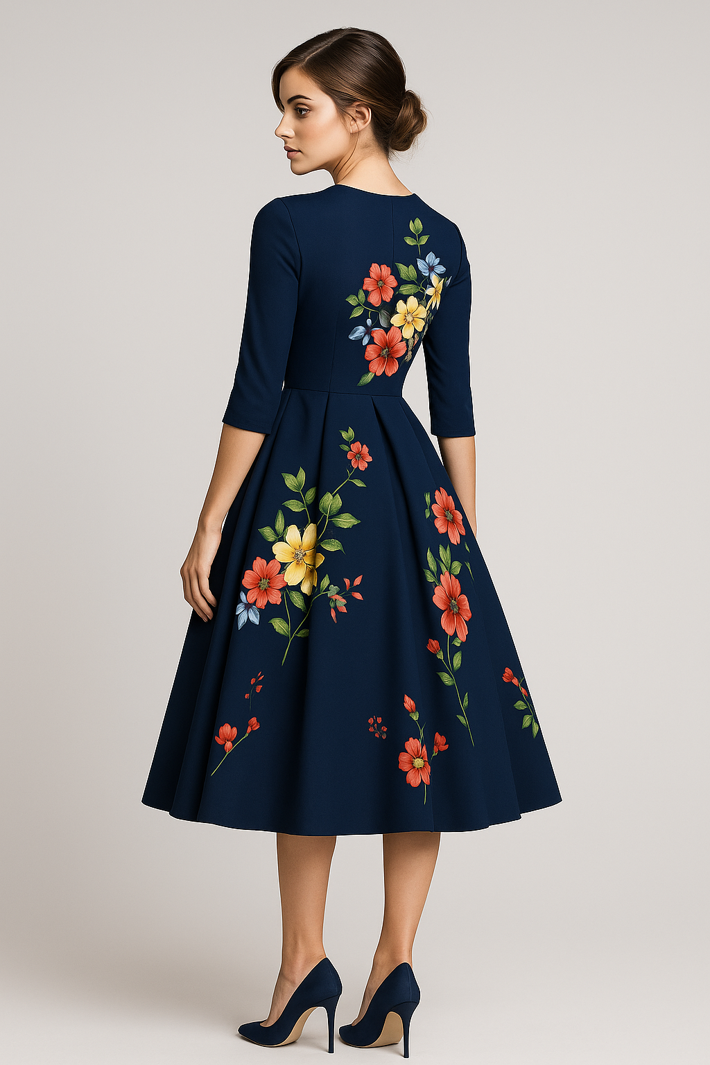 Retrozo | Elegante vestito midi con stampa floreale e maniche 3/4 - - ADULT Fashion & Casual Frauen Kleider - Concept Palermo