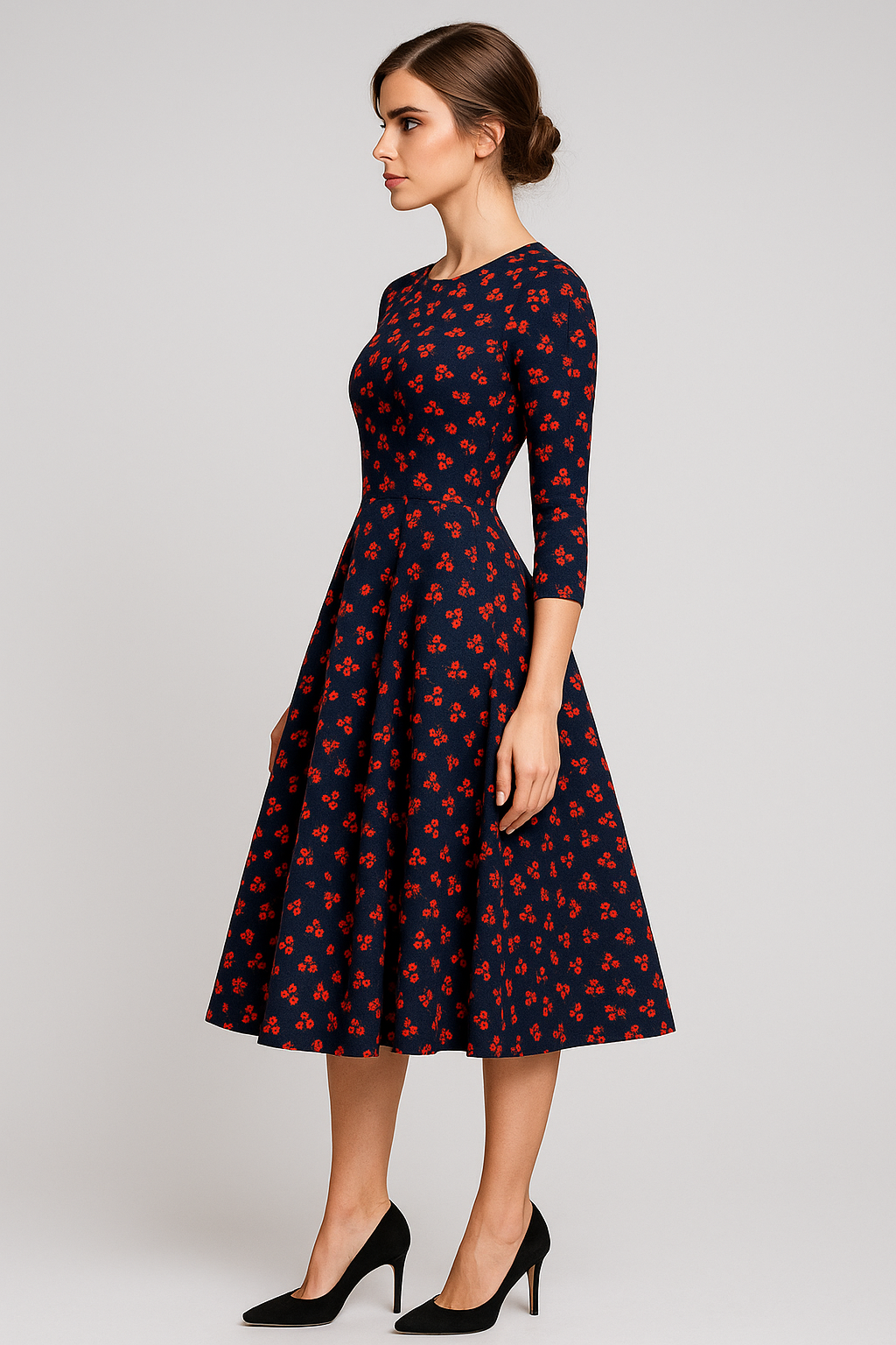 Retrozo | Elegante vestito midi con stampa floreale e maniche 3/4 - - ADULT Fashion & Casual Frauen Kleider - Concept Palermo