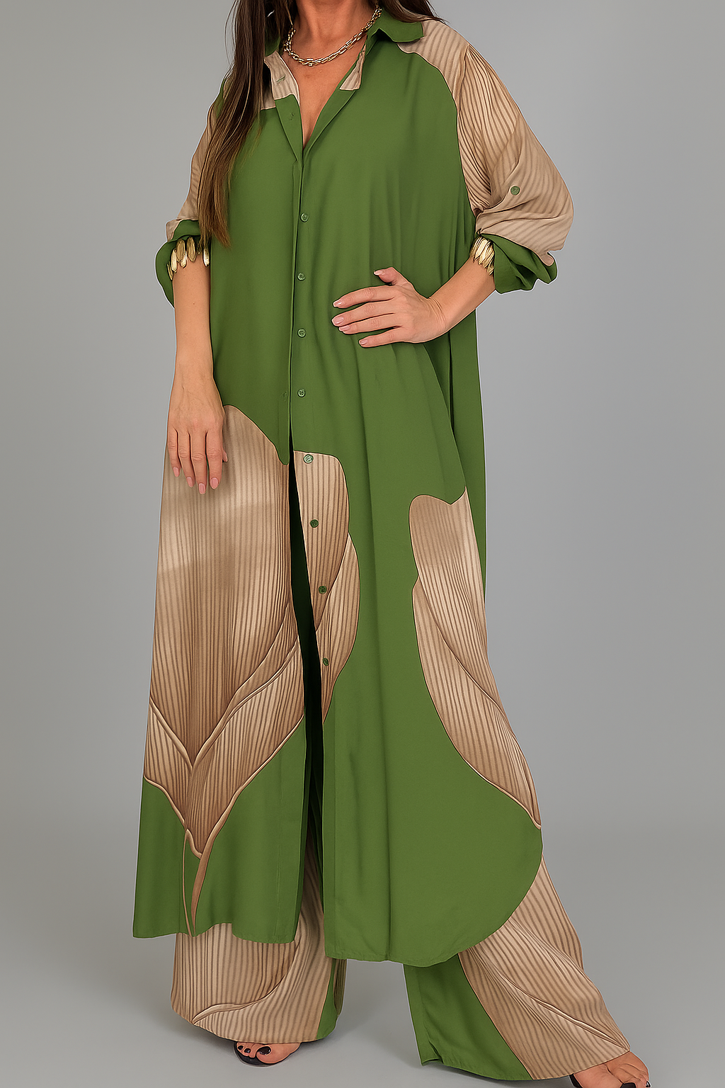 Amelia | Set Tuta Donna Elegante con Camicia e Pantaloni - Verde-Khaki - abbigliamento quotidiano camicia a bottoni camicia lunga donna moda femminile outfit casual donna pantaloni con cordoncino set elegante donna stile e comfort taglie disponibili S M L XL tessuto leggero - Concept Palermo