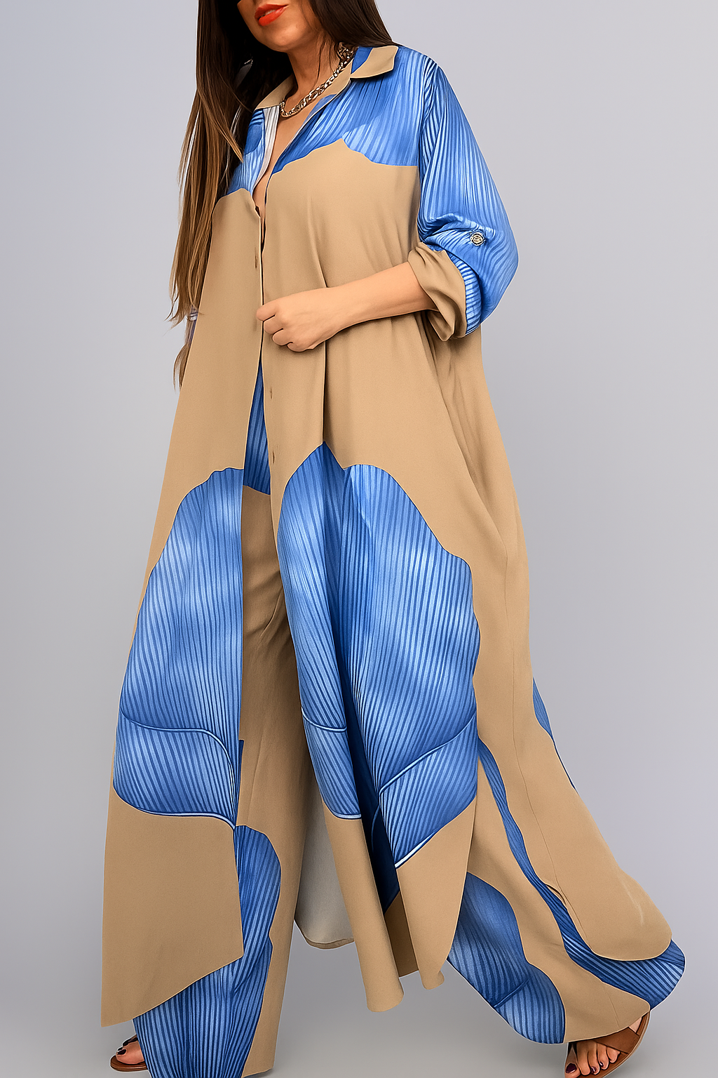 Amelia | Set Tuta Donna Elegante con Camicia e Pantaloni - Blu-Khaki - abbigliamento quotidiano camicia a bottoni camicia lunga donna moda femminile outfit casual donna pantaloni con cordoncino set elegante donna stile e comfort taglie disponibili S M L XL tessuto leggero - Concept Palermo