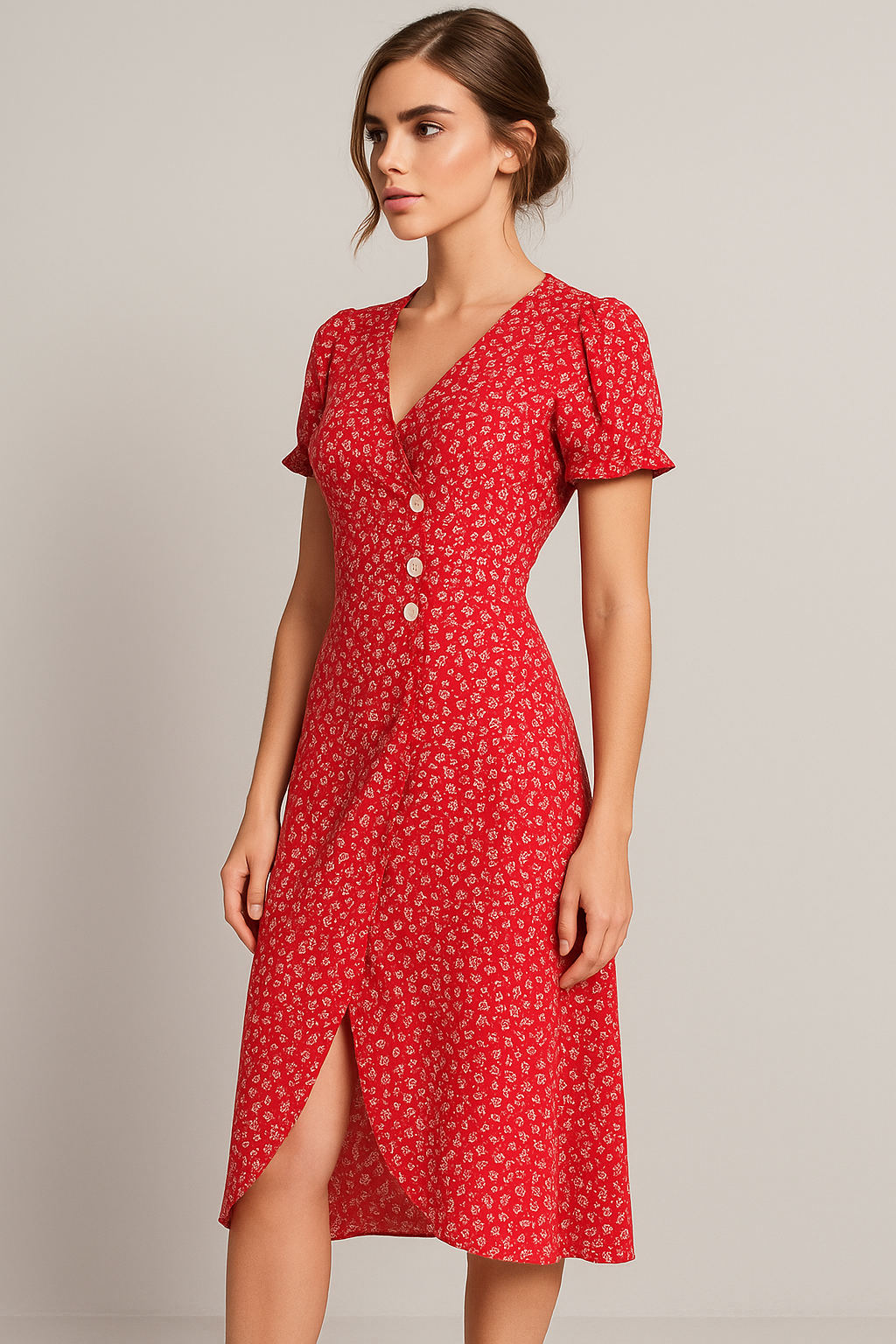 Marie | Vestito midi stampato con scollatura a V e bottoni laterali - - Frauen Kleider - Concept Palermo