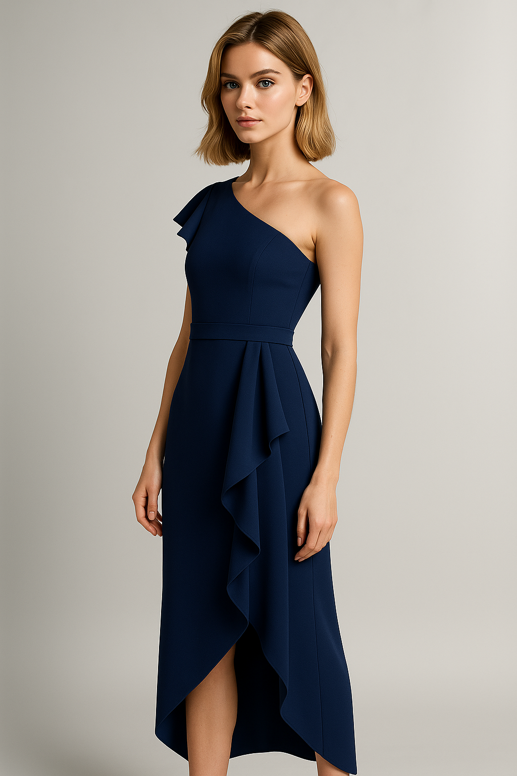 Sole | Abito Donna Asimmetrico Elegante con Rouches - - abito asimmetrico abito con rouches abito spalla unica abito versatile design irregolare look elegante moda femminile silhouette taillèe tessuto di alta qualità vestito per eventi formali - Concept Palermo