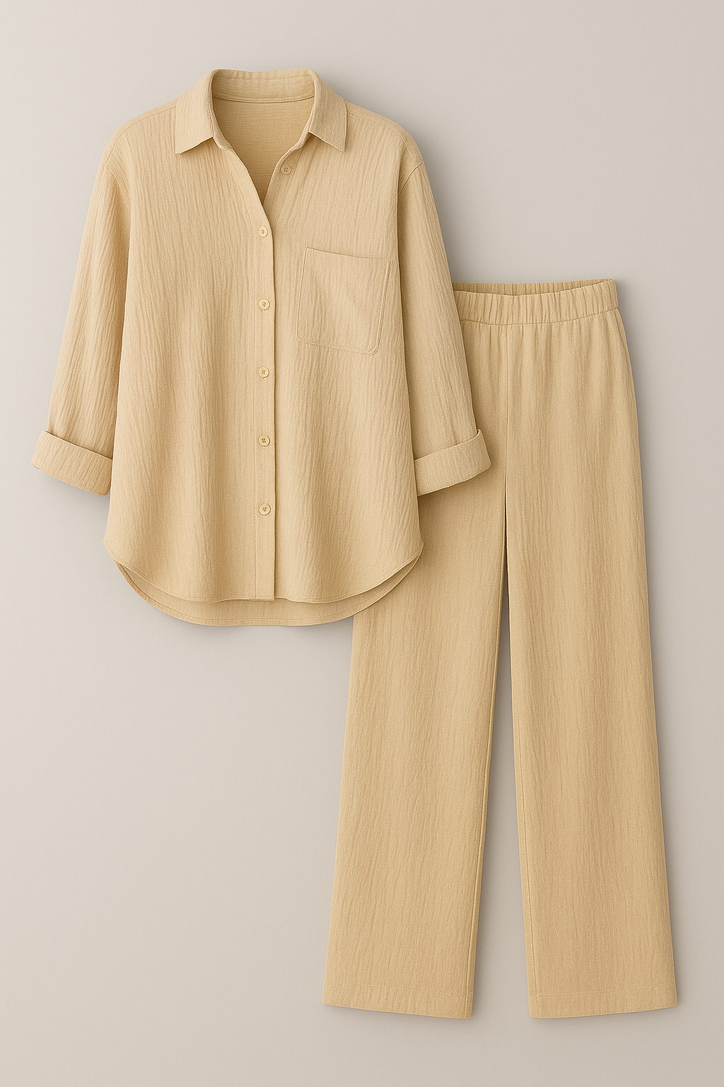 Claudia | Set Estivo Casual per Donne Elegantemente Comodo - Khaki - abbigliamento estivo elegante abbigliamento leggero camicia e pantaloni design classico abbigliamento moda femminile outfit estivo casual pantaloni comodi set due pezzi donna set estivo donne stile estivo - Concept Palermo