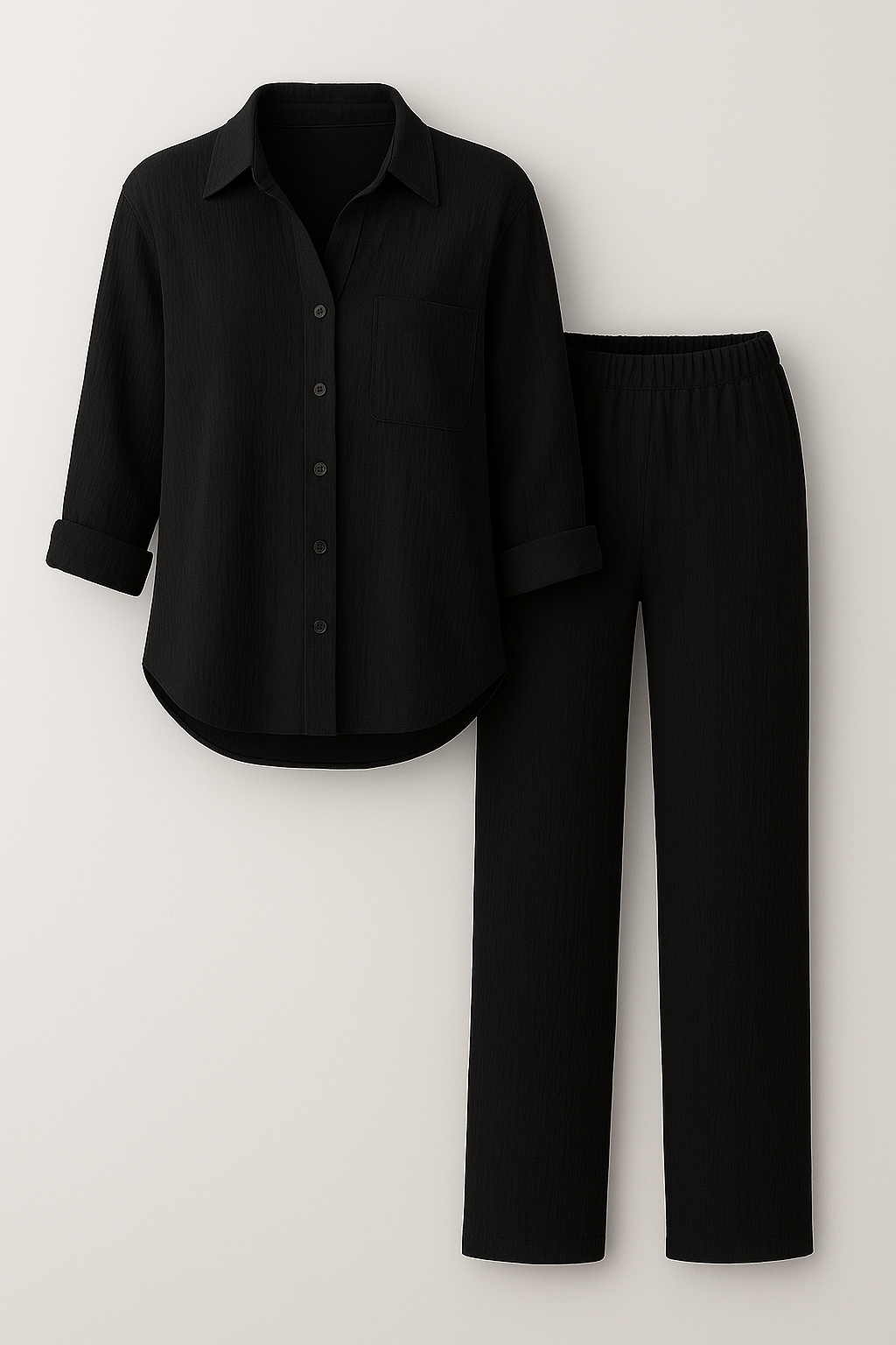 Claudia | Set Estivo Casual per Donne Elegantemente Comodo - Nero - abbigliamento estivo elegante abbigliamento leggero camicia e pantaloni design classico abbigliamento moda femminile outfit estivo casual pantaloni comodi set due pezzi donna set estivo donne stile estivo - Concept Palermo