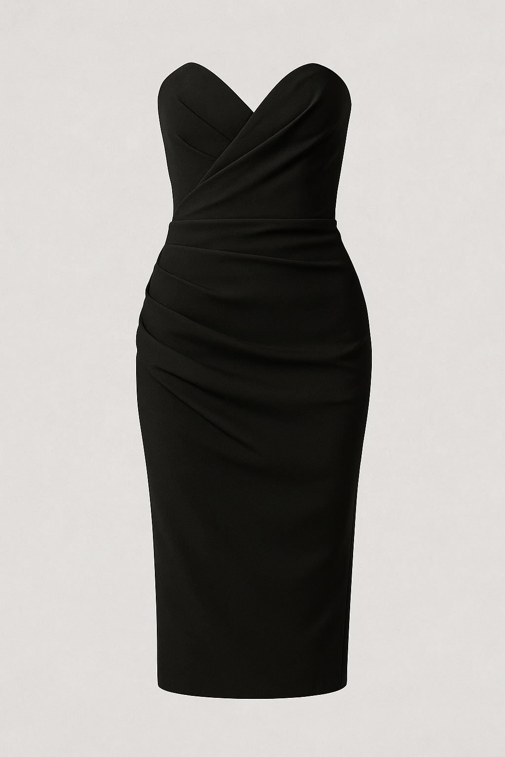 Emilia | Abito Midi Elegante Senza Spalline con Spacco - Nero - abito da festa abito midi abito senza spalline abito sexy alta moda completo versatile fashion donna spacco posteriore vestito arricciato vestito elegante - Concept Palermo