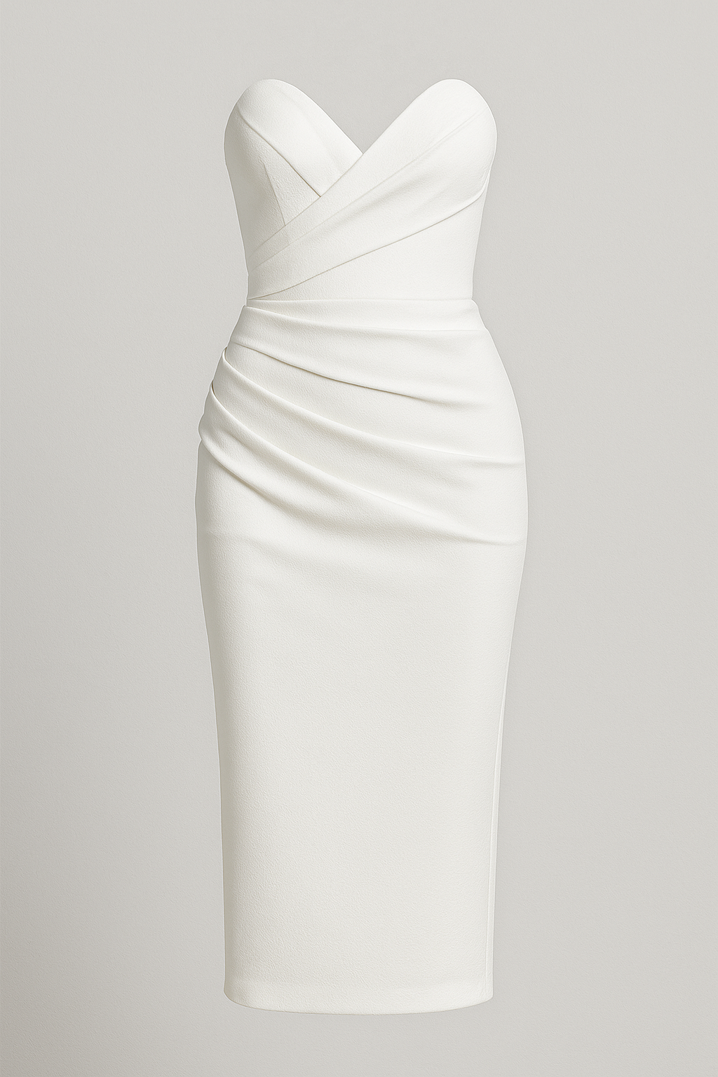 Emilia | Abito Midi Elegante Senza Spalline con Spacco - Bianco - abito da festa abito midi abito senza spalline abito sexy alta moda completo versatile fashion donna spacco posteriore vestito arricciato vestito elegante - Concept Palermo