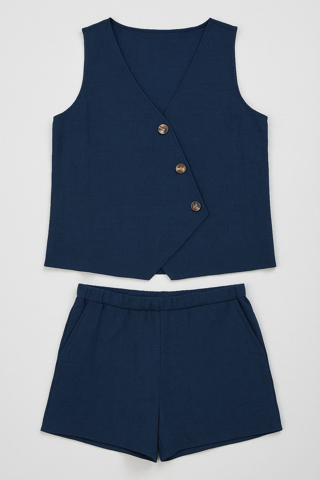 Zoya | Set estivo da donna con top avvolgente e short in misto lino - Blu Marino - Clothes clothes for women women clothes - Concept Palermo