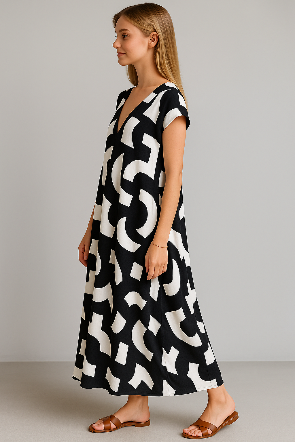 Vicki | Abito Donna Maxy Elegante con Stampa Astratta - - abito estivo abito lungo abito maxy materiale leggero moda femminile scollatura a V stampa astratta stile artistico taglie disponibili vestibilità comoda - Concept Palermo