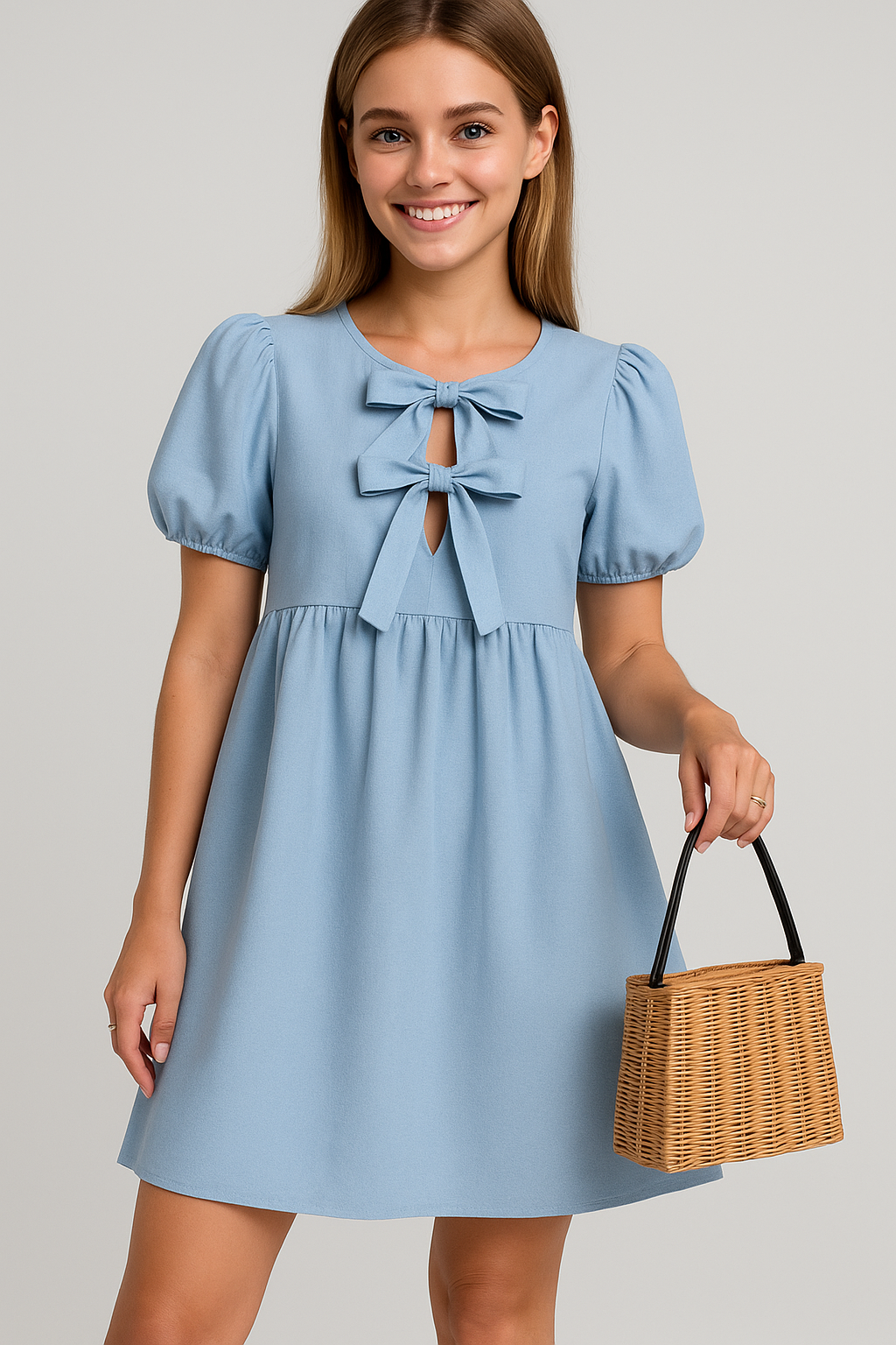 Loretta | Abito Elegante Donna con Maniche a Palloncino - - abito casual abito chic abito da festa abito elegante fiocco anteriore maniche a palloncino moda femminile stile versatile tessuto traspirante varianti di colore - Concept Palermo