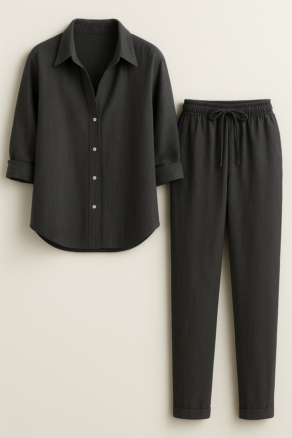 Beth | Completo Estivo Elegante in Lino e Cotone - Grigio scuro - abbigliamento comodo abbigliamento traspirante abiti in lino camicia casual completo estivo moda rilassata outfit estivo pantaloni larghi set in lino e cotone stile naturale - Concept Palermo