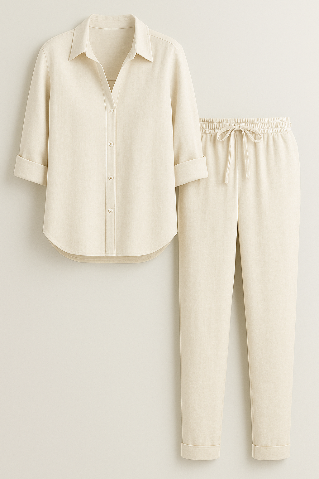 Beth | Completo Estivo Elegante in Lino e Cotone - Crema - abbigliamento comodo abbigliamento traspirante abiti in lino camicia casual completo estivo moda rilassata outfit estivo pantaloni larghi set in lino e cotone stile naturale - Concept Palermo
