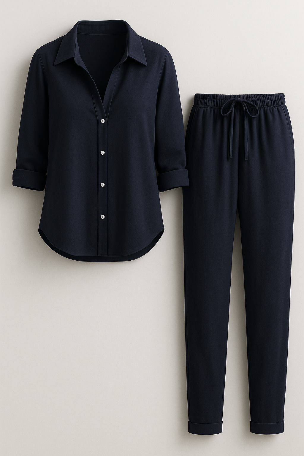 Beth | Completo Estivo Elegante in Lino e Cotone - Blu scuro - abbigliamento comodo abbigliamento traspirante abiti in lino camicia casual completo estivo moda rilassata outfit estivo pantaloni larghi set in lino e cotone stile naturale - Concept Palermo