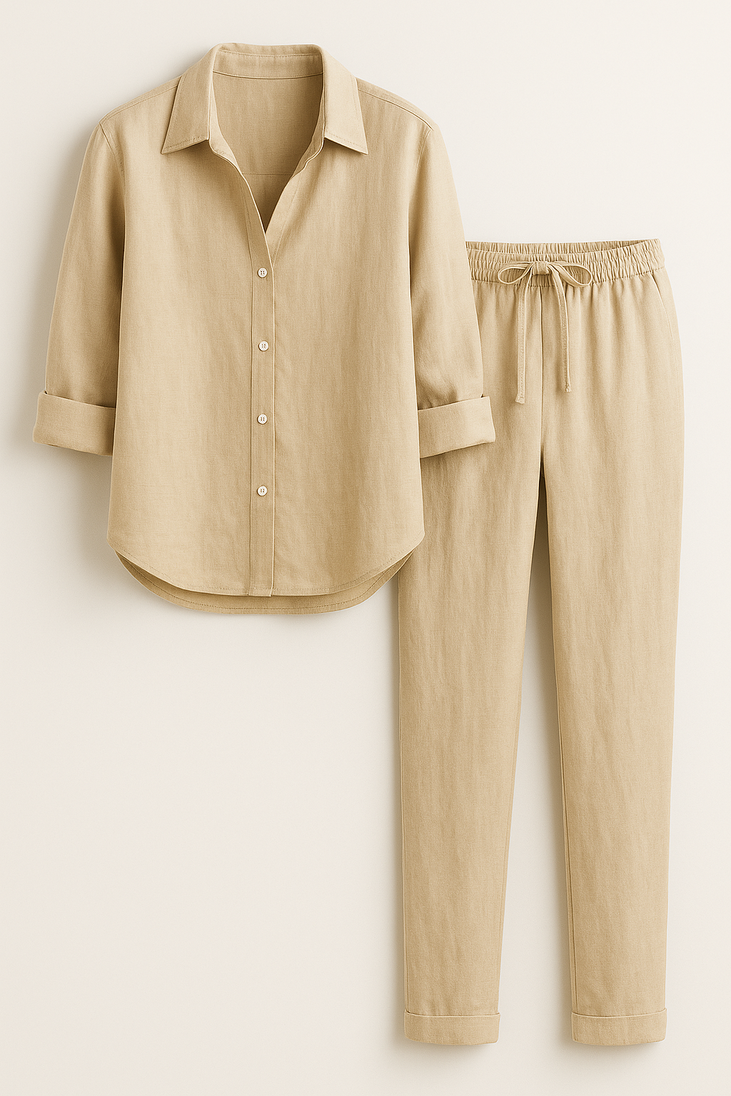 Beth | Completo Estivo Elegante in Lino e Cotone - Khaki - abbigliamento comodo abbigliamento traspirante abiti in lino camicia casual completo estivo moda rilassata outfit estivo pantaloni larghi set in lino e cotone stile naturale - Concept Palermo