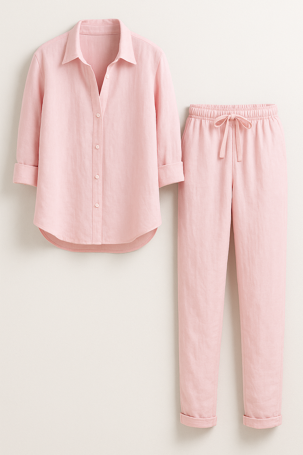 Beth | Completo Estivo Elegante in Lino e Cotone - Rosa - abbigliamento comodo abbigliamento traspirante abiti in lino camicia casual completo estivo moda rilassata outfit estivo pantaloni larghi set in lino e cotone stile naturale - Concept Palermo
