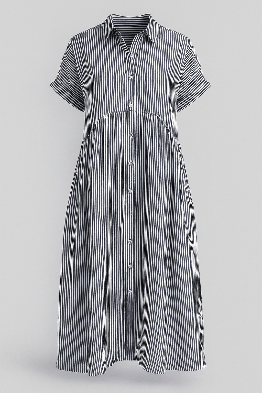 Corrine | Abito Midi Elegante a Strisce con Tasche - Grigio - abito a camicia abito a strisce abito comodo abito con tasche abito elegante abito midi abito versatile vestito casual vestito da lavoro vestito per tutte le occasioni - Concept Palermo