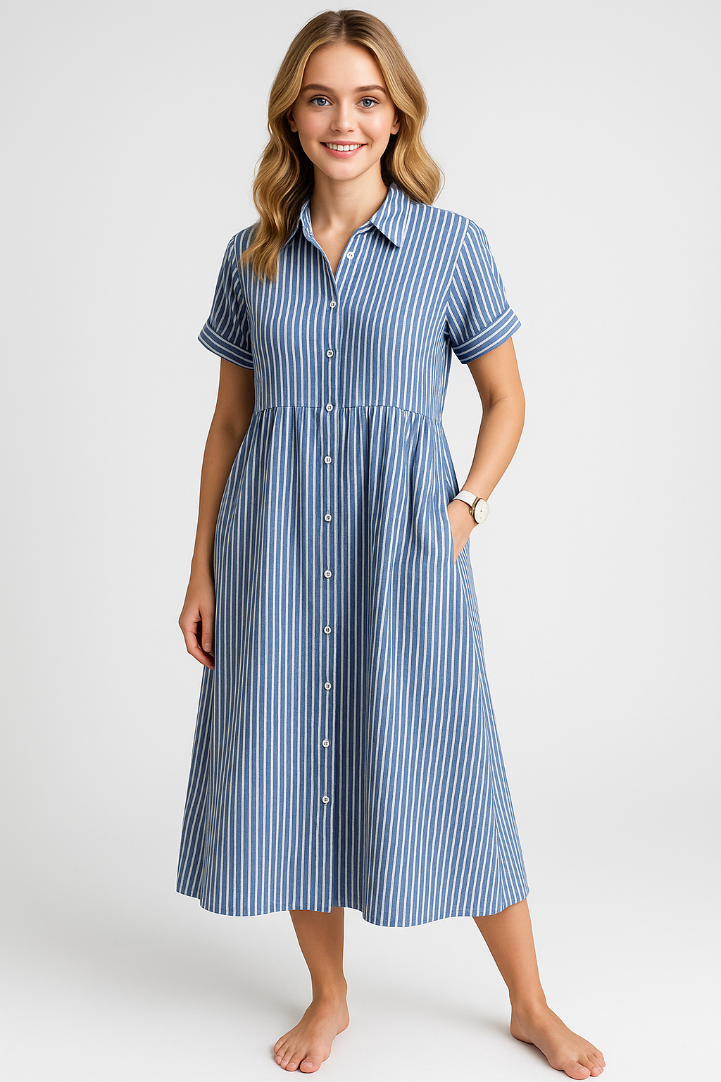 Corrine | Abito Midi Elegante a Strisce con Tasche - - abito a camicia abito a strisce abito comodo abito con tasche abito elegante abito midi abito versatile vestito casual vestito da lavoro vestito per tutte le occasioni - Concept Palermo