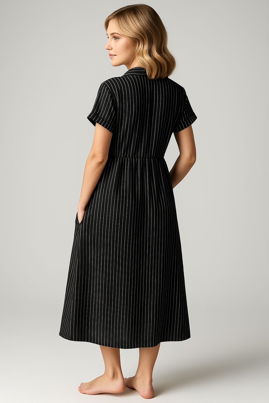 Corrine | Abito Midi Elegante a Strisce con Tasche - - abito a camicia abito a strisce abito comodo abito con tasche abito elegante abito midi abito versatile vestito casual vestito da lavoro vestito per tutte le occasioni - Concept Palermo
