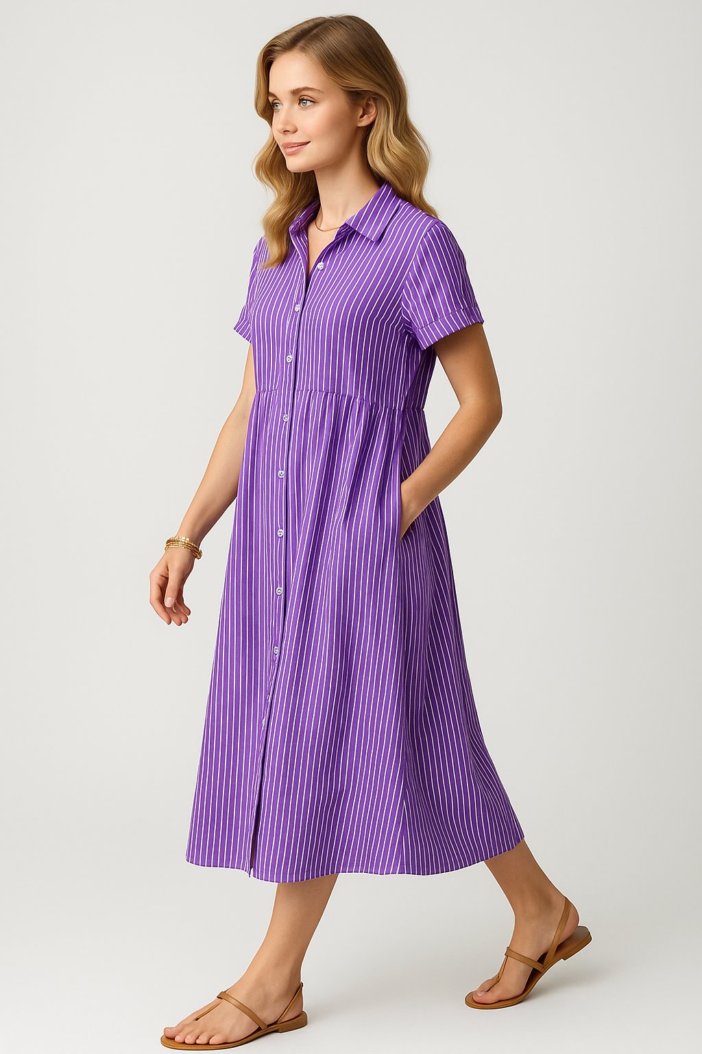 Corrine | Abito Midi Elegante a Strisce con Tasche - - abito a camicia abito a strisce abito comodo abito con tasche abito elegante abito midi abito versatile vestito casual vestito da lavoro vestito per tutte le occasioni - Concept Palermo