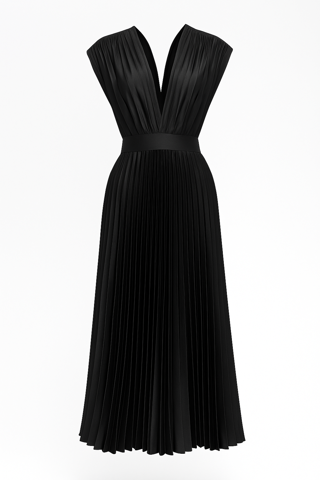 Amora | Abito midi elegante plissettato da donna con scollo a V - Nero - Abendkleid Cocktailkleid Damen Kleider Kurzärmeliges Kleid Midikleid Partykleid Plissiertes Kleid V-Ausschnitt Kleid - Concept Palermo