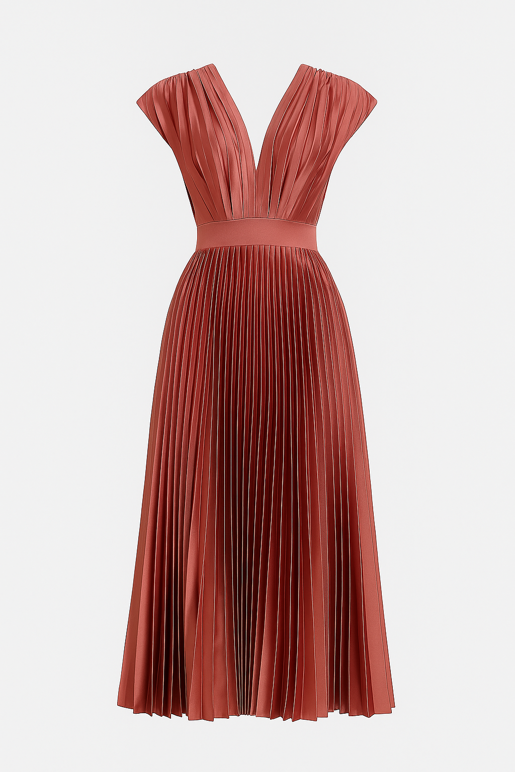 Amora | Abito midi elegante plissettato da donna con scollo a V - Rosso - Abendkleid Cocktailkleid Damen Kleider Kurzärmeliges Kleid Midikleid Partykleid Plissiertes Kleid V-Ausschnitt Kleid - Concept Palermo