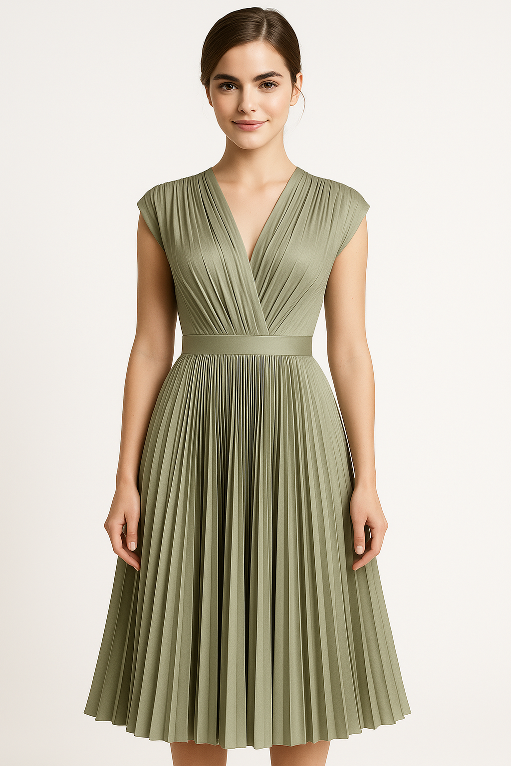 Amora | Abito midi elegante plissettato da donna con scollo a V - - Abendkleid Cocktailkleid Damen Kleider Kurzärmeliges Kleid Midikleid Partykleid Plissiertes Kleid V-Ausschnitt Kleid - Concept Palermo