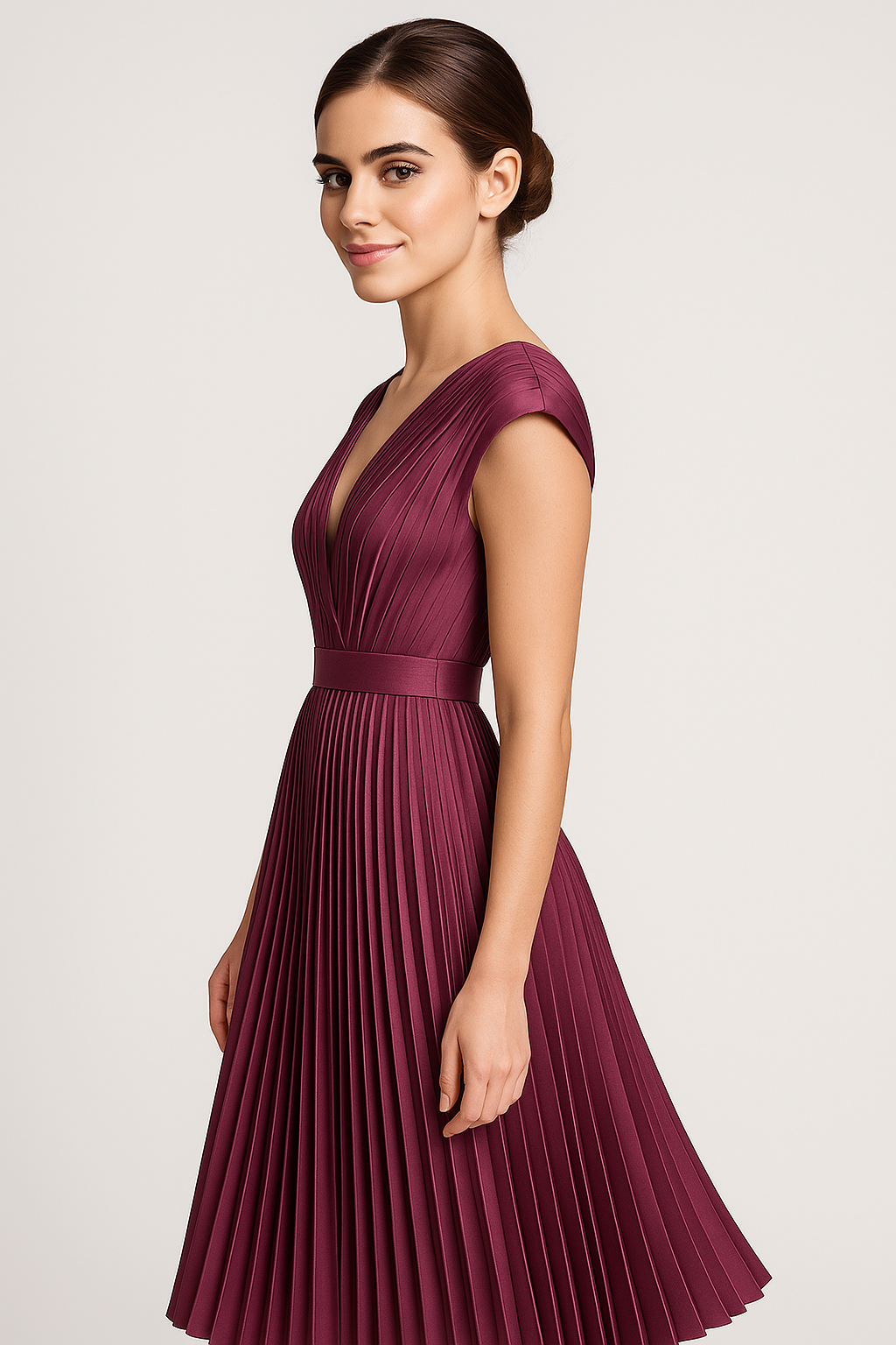 Amora | Abito midi elegante plissettato da donna con scollo a V - - Abendkleid Cocktailkleid Damen Kleider Kurzärmeliges Kleid Midikleid Partykleid Plissiertes Kleid V-Ausschnitt Kleid - Concept Palermo