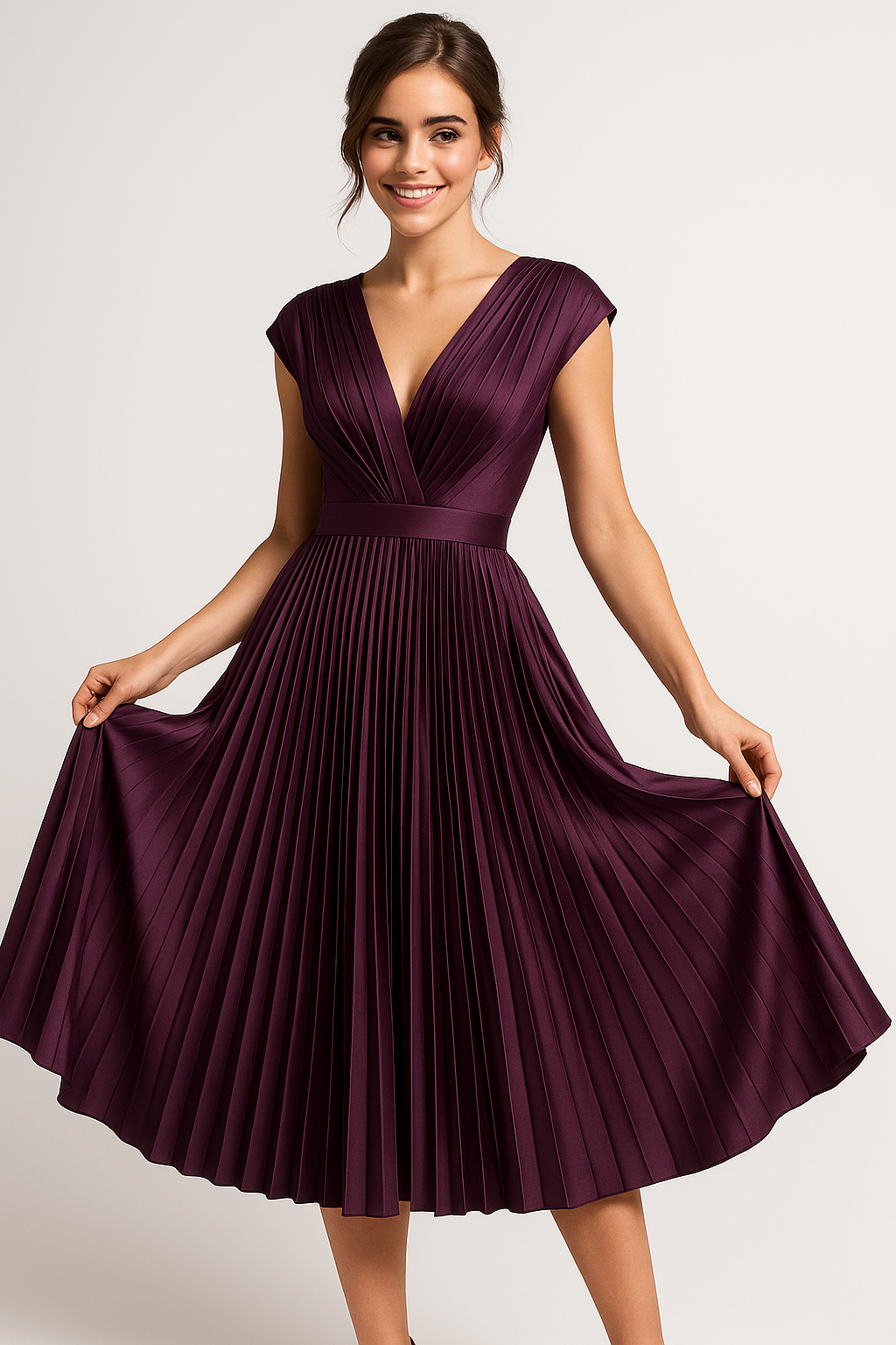 Amora | Abito midi elegante plissettato da donna con scollo a V - - Abendkleid Cocktailkleid Damen Kleider Kurzärmeliges Kleid Midikleid Partykleid Plissiertes Kleid V-Ausschnitt Kleid - Concept Palermo