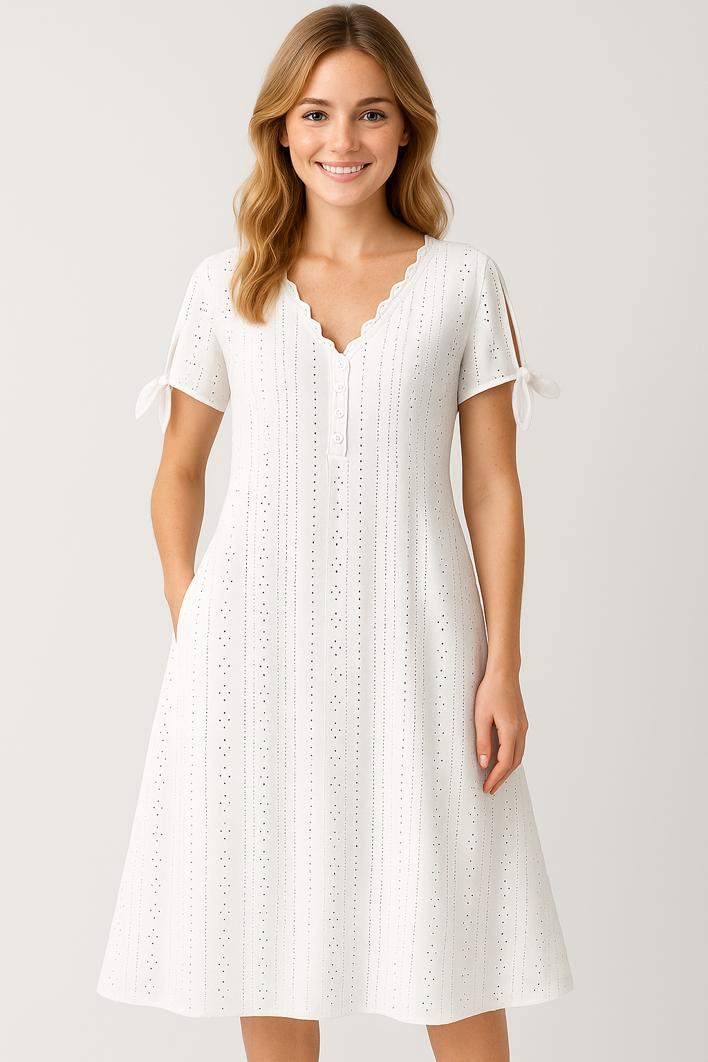 Brisa | Abito Donna Elegante con Scollatura a V - - abito con maniche corte abito da donna abito elegante abito leggero moda femminile scollatura a V stile sofisticato tessuto traspirante vestito con motivo a hollow-out vestito raffinato - Concept Palermo