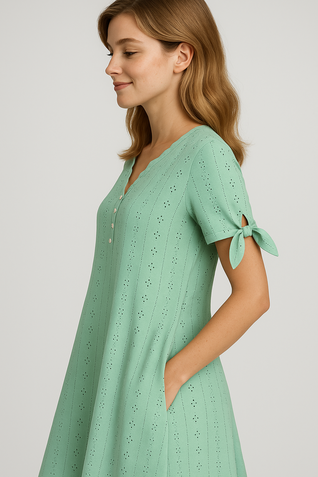 Brisa | Abito Donna Elegante con Scollatura a V - - abito con maniche corte abito da donna abito elegante abito leggero moda femminile scollatura a V stile sofisticato tessuto traspirante vestito con motivo a hollow-out vestito raffinato - Concept Palermo