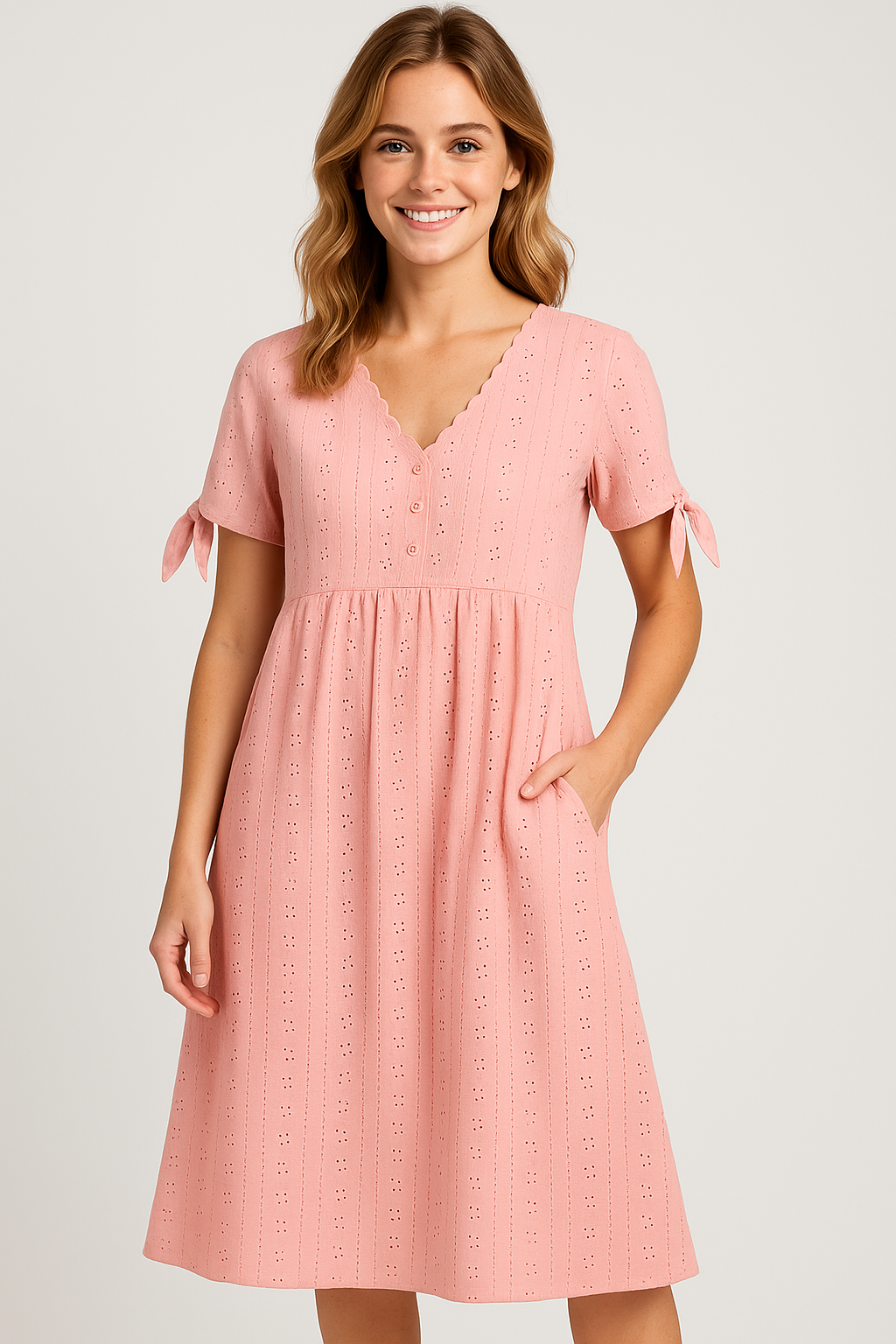 Brisa | Abito Donna Elegante con Scollatura a V - - abito con maniche corte abito da donna abito elegante abito leggero moda femminile scollatura a V stile sofisticato tessuto traspirante vestito con motivo a hollow-out vestito raffinato - Concept Palermo