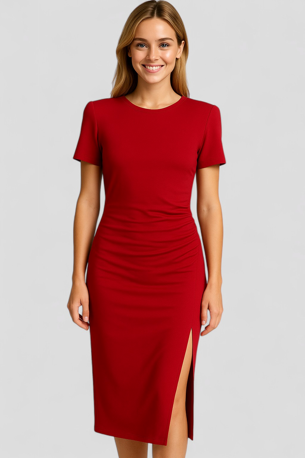 Gia | Abito Midi Elegante con Spacco per Donna - - abbigliamento donna chic abbigliamento leggero e traspirante abito bodycon abito con spacco elegante abito midi in cotone abito versatile con maniche corte moda primavera estate outfit da brunch stile e comfort vestito estivo casual - Concept Palermo