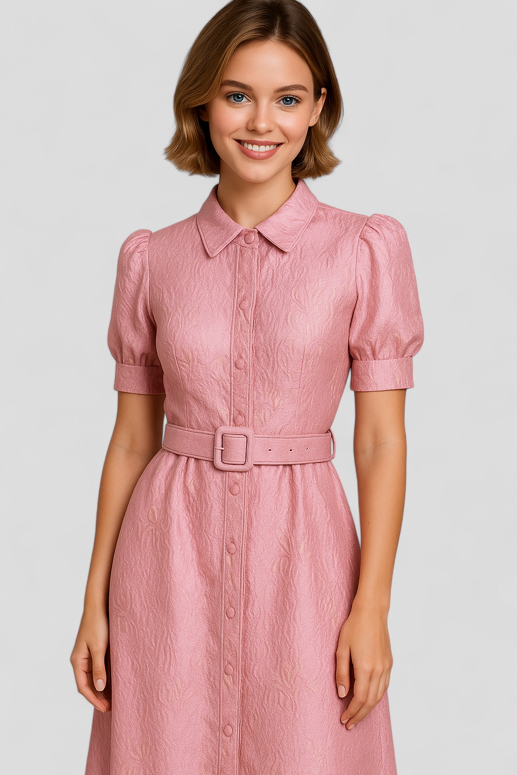 Aurelia | Abito Camicia Lungo Rosa in Jacquard con Fiori e Cintura Coordinata - - casual dresses DRESS Dresses female dress - Concept Palermo