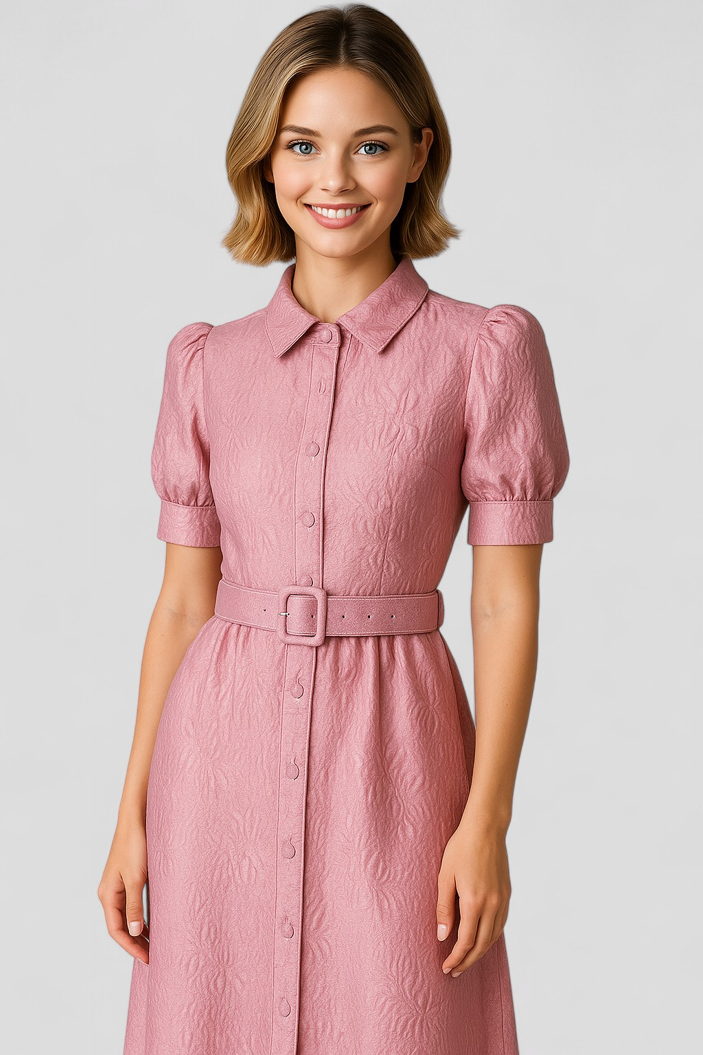 Aurelia | Abito Camicia Lungo Rosa in Jacquard con Fiori e Cintura Coordinata - - casual dresses DRESS Dresses female dress - Concept Palermo