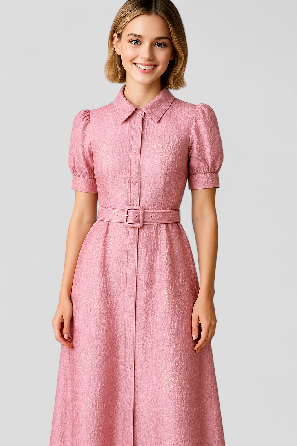 Aurelia | Abito Camicia Lungo Rosa in Jacquard con Fiori e Cintura Coordinata - - casual dresses DRESS Dresses female dress - Concept Palermo