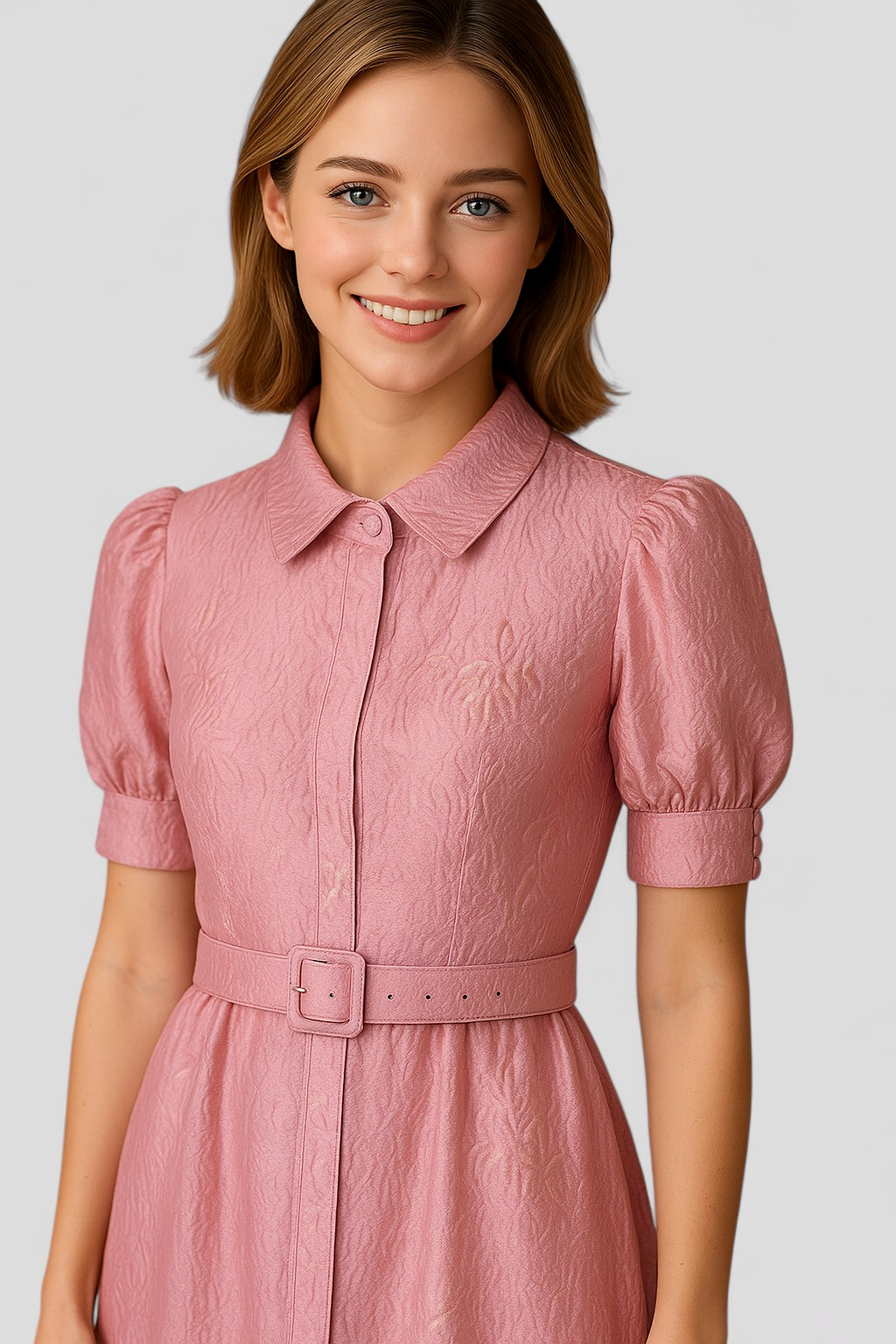 Aurelia | Abito Camicia Lungo Rosa in Jacquard con Fiori e Cintura Coordinata - - casual dresses DRESS Dresses female dress - Concept Palermo