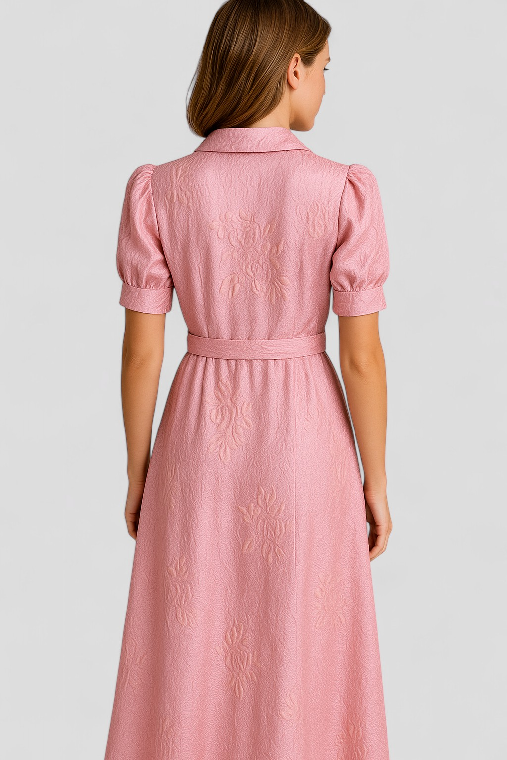 Aurelia | Abito Camicia Lungo Rosa in Jacquard con Fiori e Cintura Coordinata - - casual dresses DRESS Dresses female dress - Concept Palermo