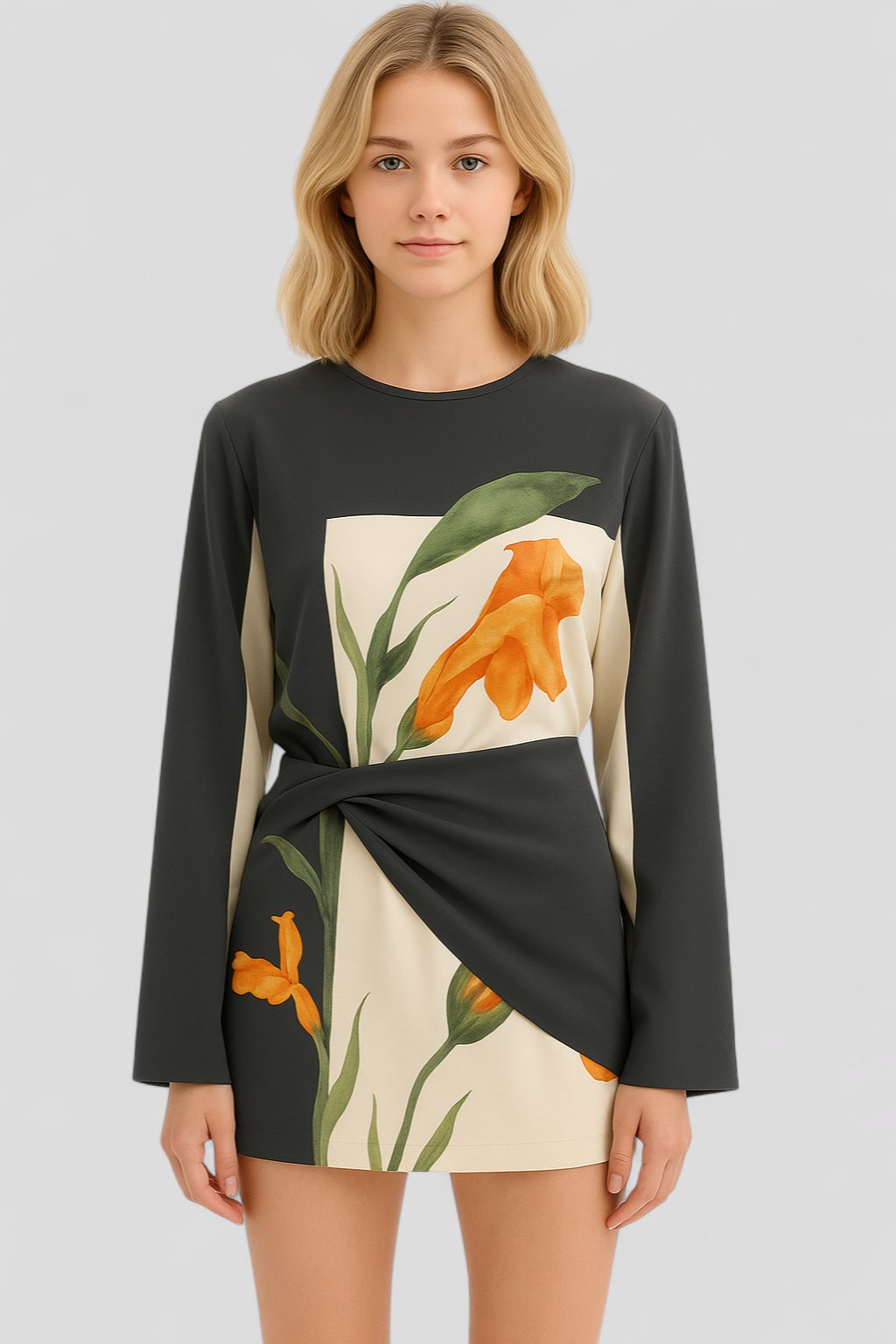 Antea | Abito Donna Elegante Mini a Maniche Lunghe - - abbigliamento donna abito mini elegante maniche lunghe moda festa outfit festivi stampa floreale vestiti estivi vestito casual vestito regolabile vita alta - Concept Palermo