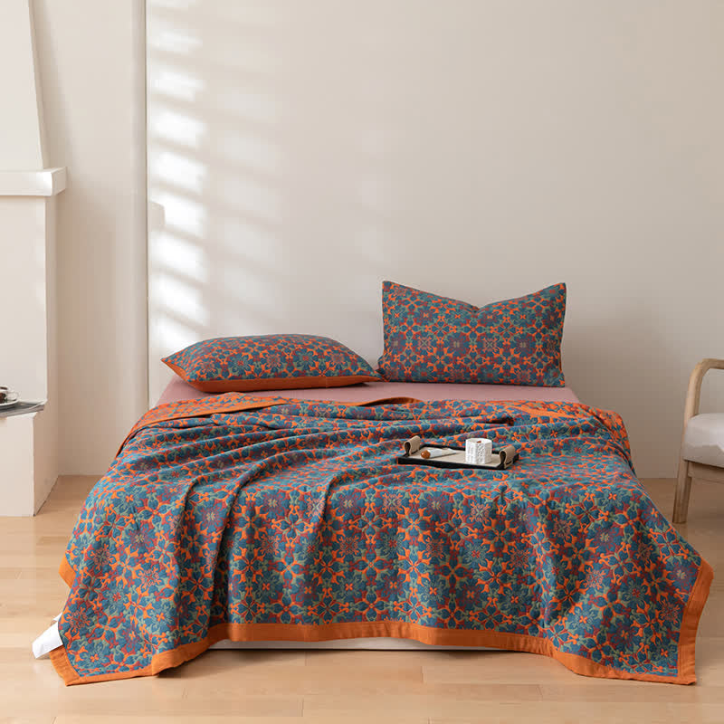 Stile etnico | Quilt in cotone a sei strati con motivo arancione e blu - - Blanket comforter quilts - Concept Palermo