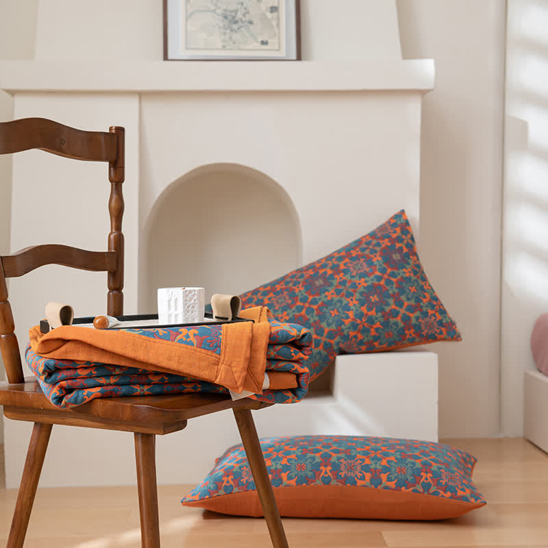 Stile etnico | Quilt in cotone a sei strati con motivo arancione e blu - - Blanket comforter quilts - Concept Palermo