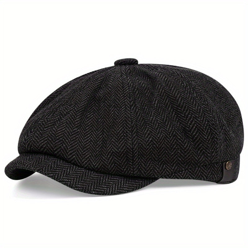 Cappellino retrò con otto pannelli in tessuto tweed a spina di pesce, berretto casual a righe - Nero 1 - caps hats - Concept Palermo